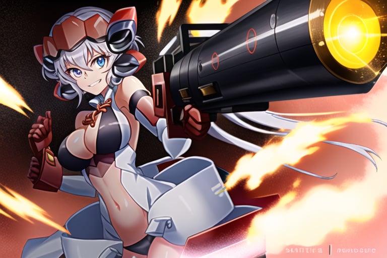 Close-up shot of YukineChris, her eyes locked intensely on the lens as she holds a futuristic-looking Gatling gun in each hand. The guns' rotating barrels spin rapidly, casting a metallic whirring sound against the darkened background. Her pose exudes confidence and authority, with one gun pointing directly at the camera while the other is cocked and ready to fire.