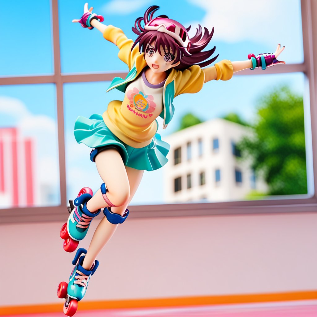 a girl on rollerblades is jumping out of a window, with polaroids scattered around her, all depicted in pastel colors, anime, 1girl, rollerblade, pastel color, score_9_up, score_8_up,score_7_up,3D,noyamano ringo,PVC Style