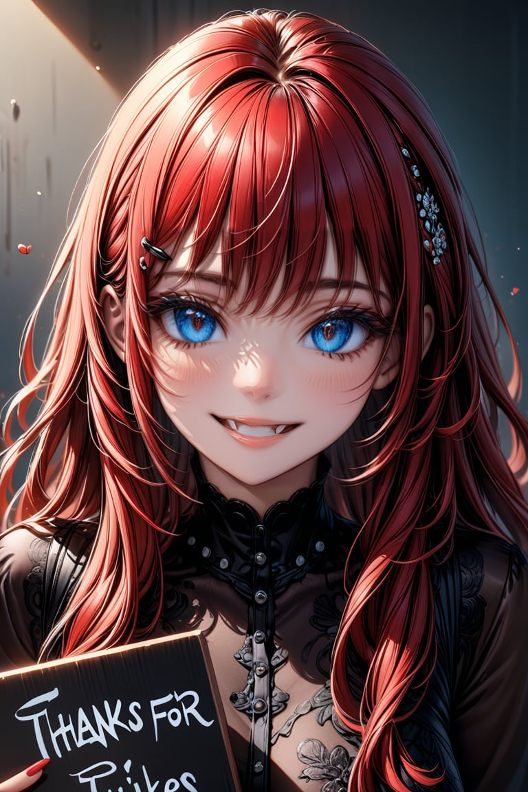 Very beautiful girl holding a board with text (("Thanks for 1K likes!")) text, illustration, detailed, realistic, UHD, beautiful detailed eyes, beautiful detailed, Warmly smile.,Text,Ink art, long_hair,red_hair