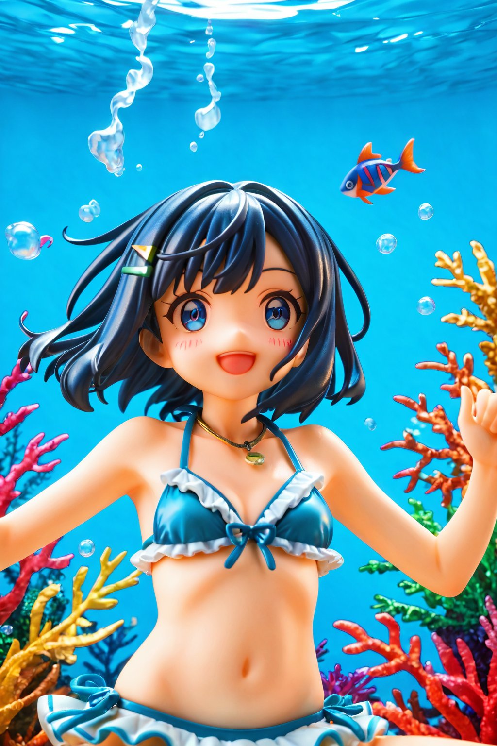 masterpiece, best quality, sky, 1girl,liko_pokemno,short_hair, blue_hair,Hair blush,blue_eyes, Young, Cute,Slim,Collarbone,Necklace,Pendant, Bangs Fastened,Hair Clips (V-Shape, Green),black hair/Blue Strands back (bikini:1.3), hairclip, blue eyes,  clenched fists, nature ,(masterpiece,best quality:1.3),(100+ colorful tropical fish:1.2),(underwater:1.3),floating pose,smile,,(frills bikini,:1.2), (bubble effect:1.3) , ,vivid color,sun shine,(deep detailed eyes:1.3),,Liko_pokemno,more detail XL,Short hair,score_9,score_8_up,score_7_up,3D,PVC Style