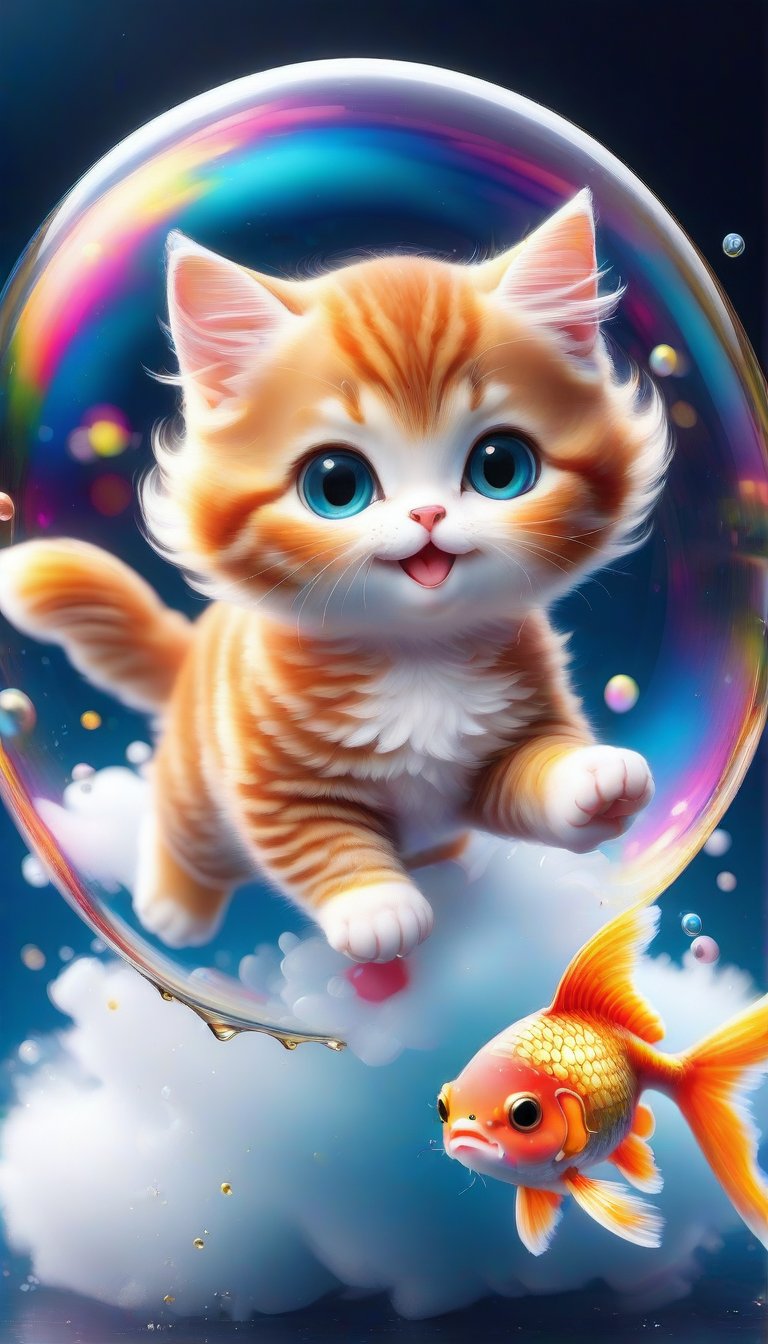 (A cute cat chasing a goldfish on a fluffy soap bubble, fluffy glitter, twirling star streams, effective lighting from a distance), RAW photo, Unreal Engine, Octane Rendering, Ultra High Quality, Ultra High Resolution, Surreal, Color Correct, Good Lighting Settings, Good Composition, Very Low Noise, Sharp Edges, Harmonious Composition, Ultra Precision, Masterpiece,acryli painting,3D,PVC,Ink art style