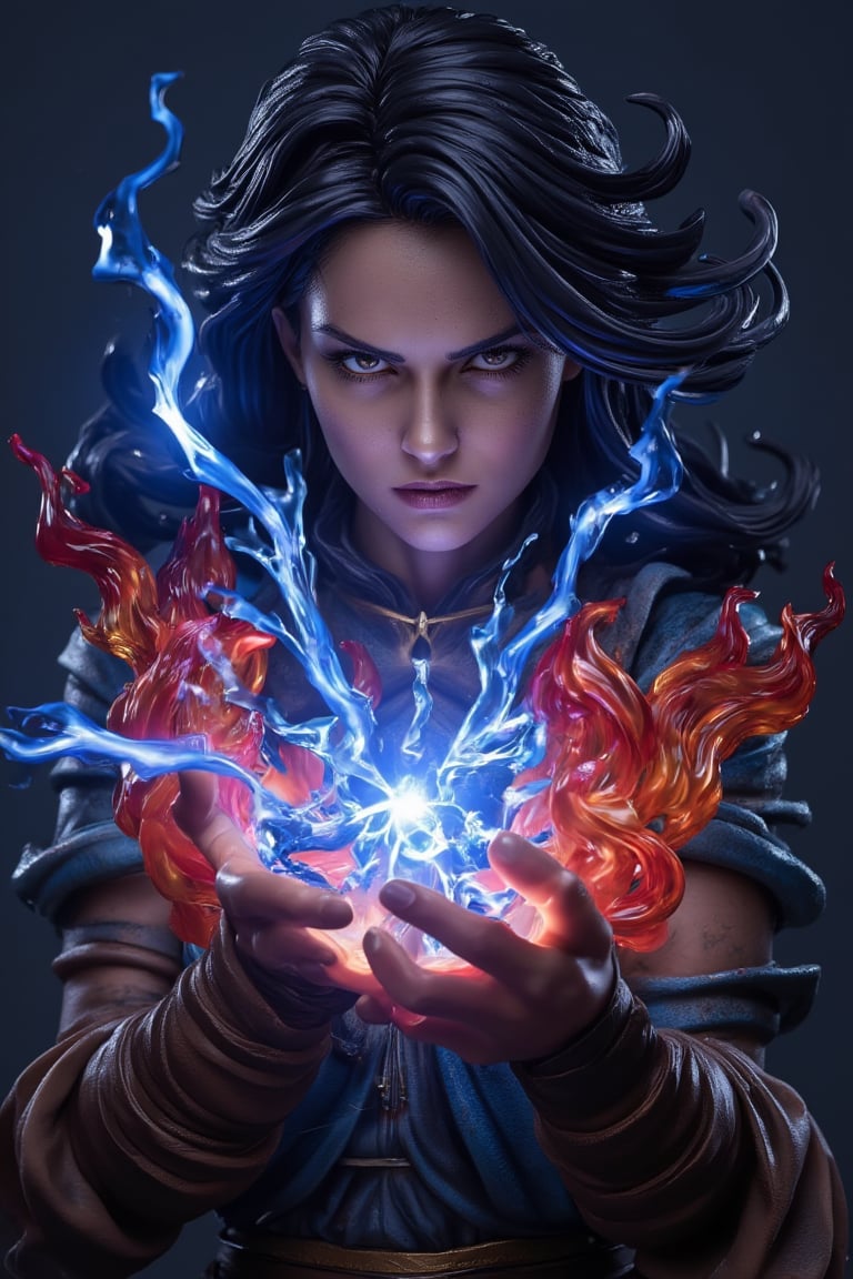 A sorceress's hands crackle with electric blue sparks as she harnesses elemental forces in an ultra-realistic close-up. Whipping winds swirl around her, whipping hair into a frenzy. Fiery red flames dance on her fingertips, while earthy brown tones beneath hint at ancient magic. Water droplets glisten on her skin, reflecting the tempest's fury. In this 10x RF-boosted epic fantasy artwork, the sorceress's eyes gleam with intense concentration as she commands the elements to bend to her will.,resin,a 3D rendering of a figurine 