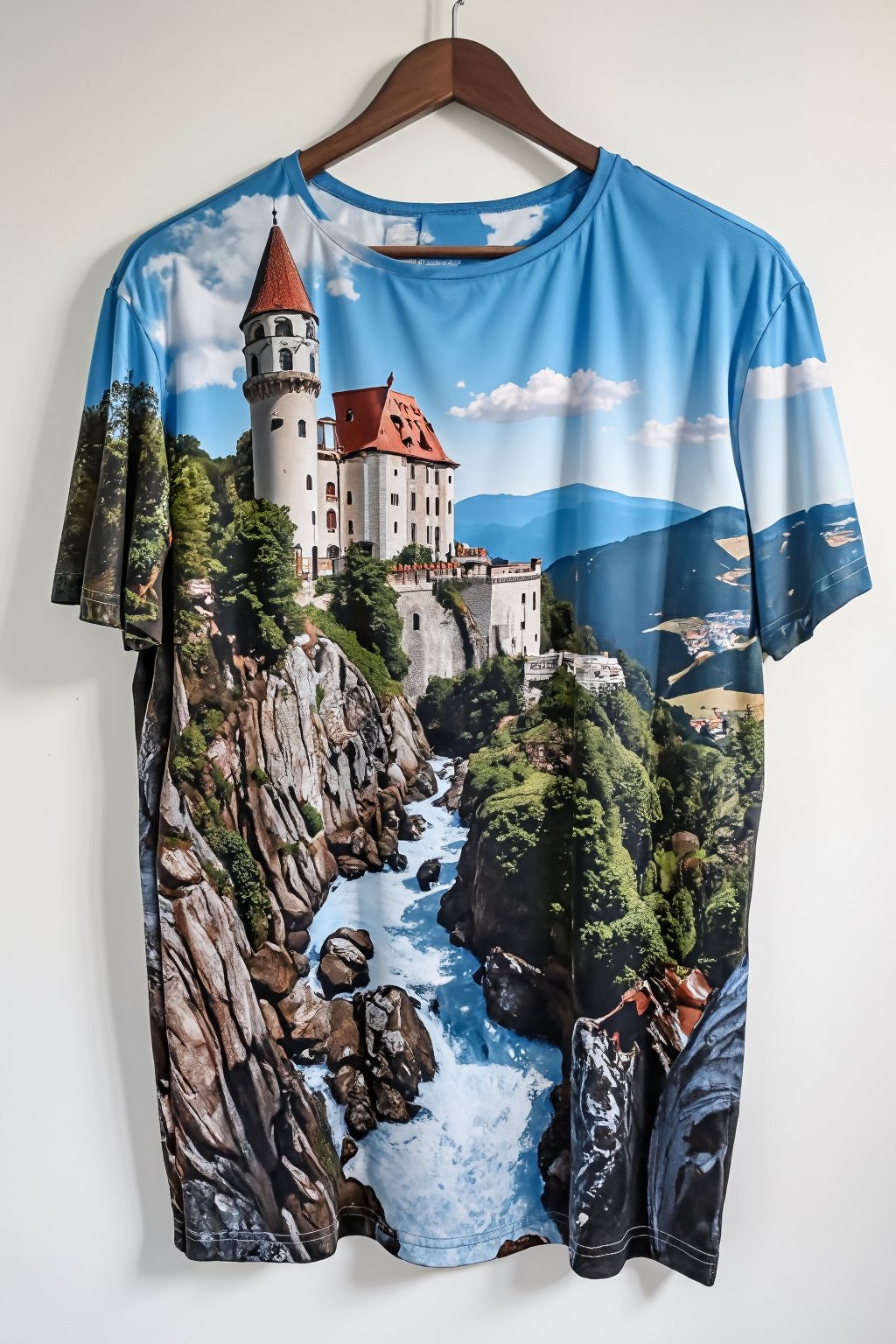 T_shirt, Design(Captured at eye-level on a vibrant day, a majestic castle stands atop a mountain, adorned with a red roof. The castle is situated on a rocky cliff, adding a touch of nature to the scene. To the right of the castle, a stream of water is flowing, creating a peaceful and serene landscape. The sky is a deep blue, dotted with a few white fluffy clouds, adding depth to the composition.)