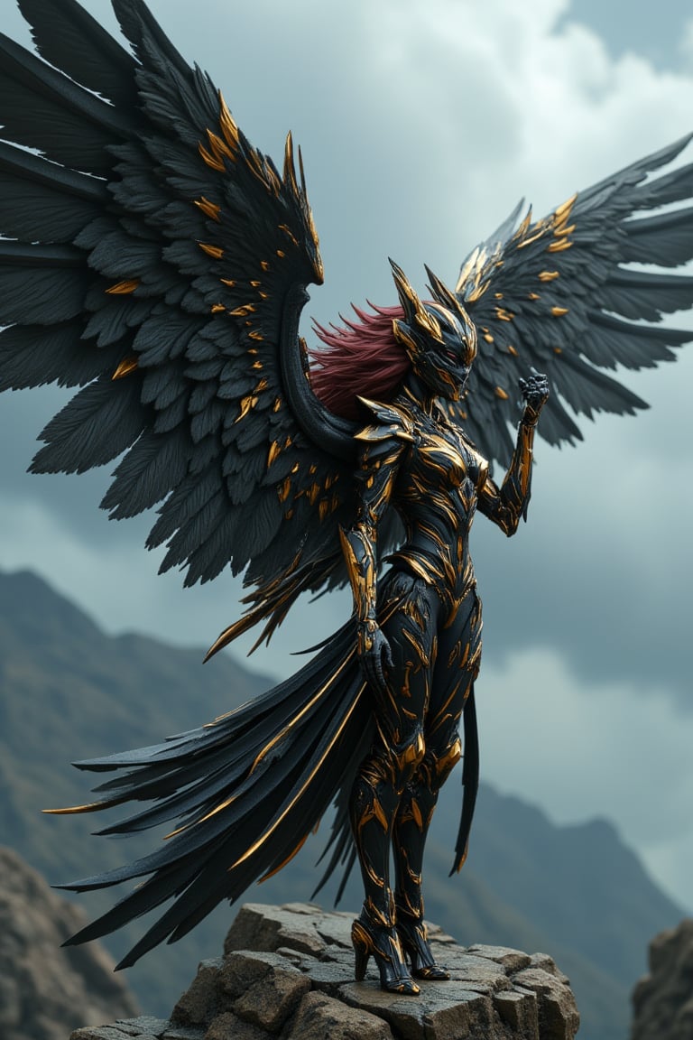 full_body, a young beautiful girl wear a VALKYRIE archangel armored suit, standing cofidently on top of mountain cliff, her (((large, intricately high-tech mecha feathered metal wings))) spread wide as if shielding the viewer from the turbulent weather. The archangel's armor glints with an oil-painted sheen, its intricate details and folds expertly rendered in shades of metallic black carbon fibre and gold steel. (((holding a huge black and gold intricate magic wand))). Her piercing gaze, dark red hair, seems to defy the raging storm, as if calling forth a mighty reckoning.hyperrealism, realistic portrait, photography, true color, subtle lighting, cinematography, Canon EOS R5, RF 85mm, ISO 300, vibrant color, more real realistic, volumetric clear intricate hyper details, volumetric clear texture, clear HD background, ultra HD realistic resolution, realistic shadow, epic fantasy character art, movie still, dramatic shadow, analogue diffusion style, CGSociety, Unreal Engine, Blender rendering, game cinematic, no smoke, mist, or fog, remove blur and noise, Angelic Knight,a 3D rendering of a figurine 