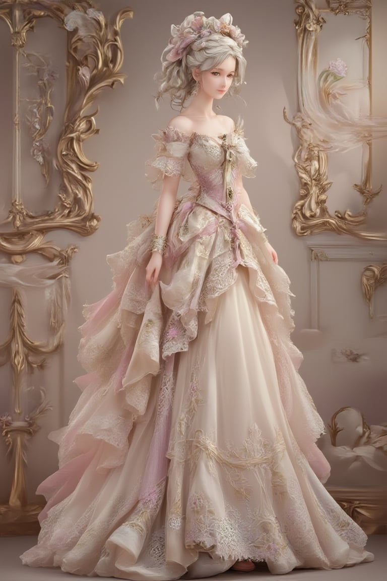 A most beautiful lady in rococo art style, with soft, flowing lines, delicate details, and pastel colors. She has an elegant, flowing gown adorned with intricate lace and floral patterns, a powdered wig with curls and ribbons, and a serene, graceful expression. The background features ornate, gilded frames, soft lighting, and a sense of opulence and refinement.,resin,a 3D rendering of a figurine 