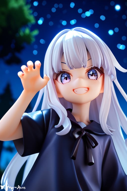 Masterpiece, best quality, 1girl, night sky, starry sky, dark forest, cute ghost, hand up, looking at viewer, evil grin, closed mouth, hutaodef, claw pose, score_9_up, score_8_up,score_7_up,3D,PVC Style