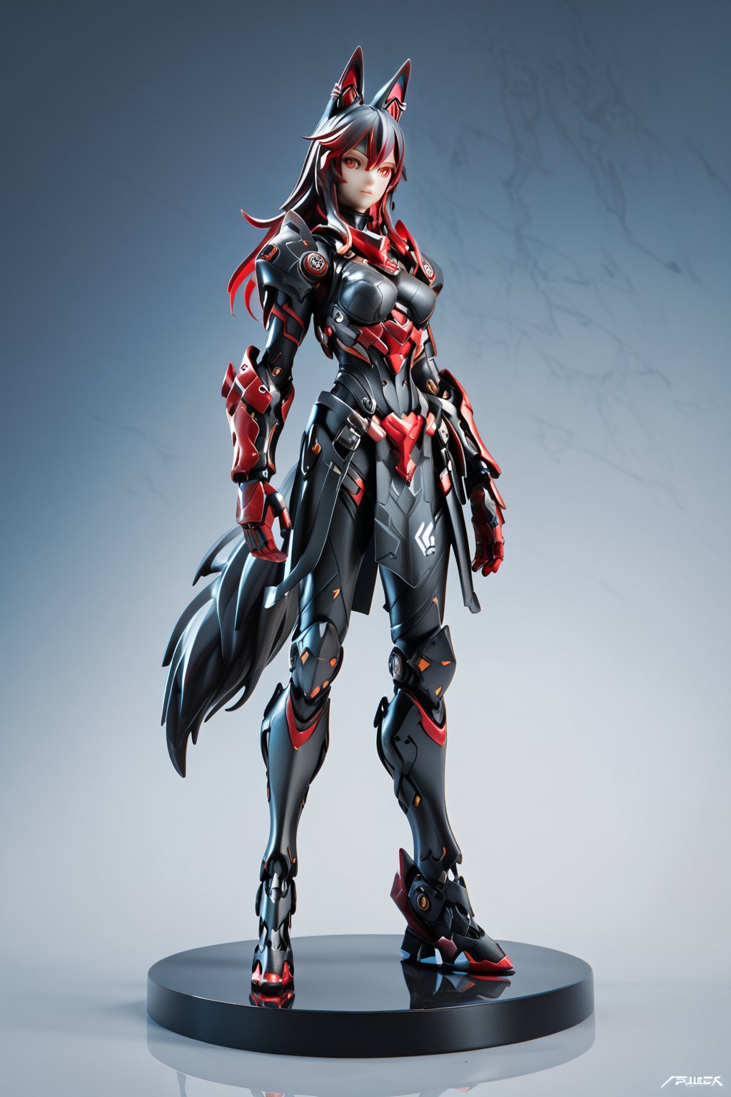 8k, masterpiece, solo, robotic body, wolf, red highlights, red eyes, wolf ears, snout, wolf tail, black sci-fi armor, fullbody, score_9_up, score_8_up,score_7_up,3D,PVC Style