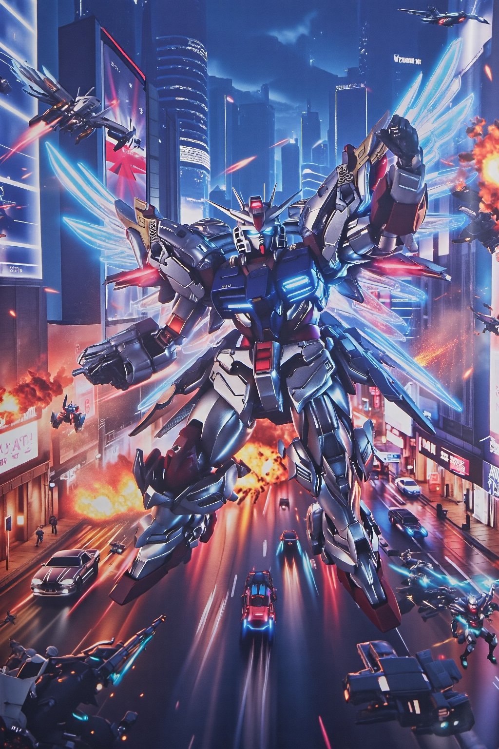 design(A dynamic close-up shot of a gundam warrior in action, his metallic body glistening under neon lights, clashing with enemies on the busy streets of a futuristic city. Exploding vehicles and fire create a chaotic scene. The backdrop features towering skyscrapers with holographic advertisements and flying vehicles whizzing by. The warrior's pose is aggressive, with his glowing energy weapon activated and wings of light emanating from the backpack on his back. The scene is lit with a combination of artificial and natural lighting, creating dramatic shadows.,a 3D rendering of a figurine ,T-shirt), from a distance