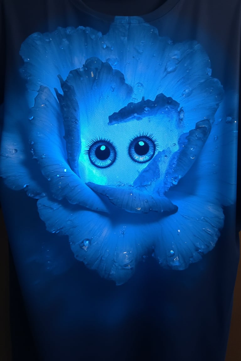 T_shirt,Design(masterpiece, 8k, HDR, best quality, (highly detailed skin), photography, analog style, real life, extremely beautiful, (highly detailed, intricately detailed), (alluring eyes), depiction of a blue bioluminescent flower with bright, sharp, staring eyes, rose's petals attached to water droplets, mimics the texture seen in sculptural artwork, delicate combination of oil and marker lines on cracked epoxy glass, ultra-fine illumination, highly stylized and dramatic, (3D) image,Glowing Flower)