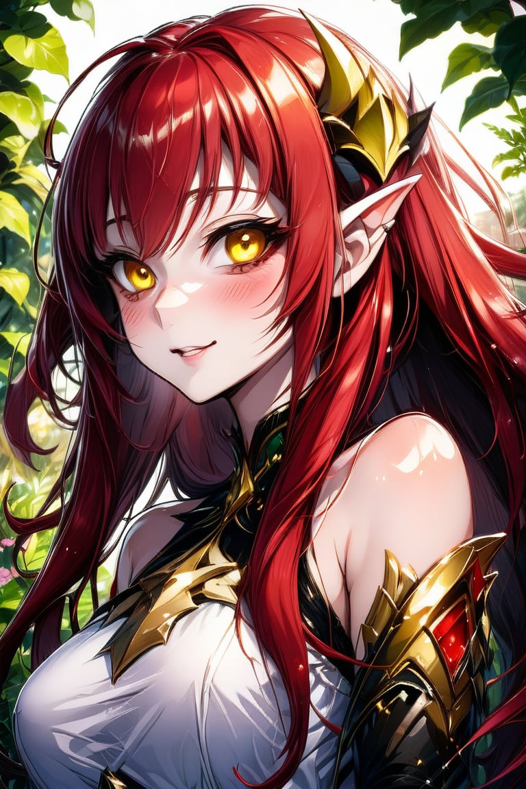 Beautiful girl, long hairstyle, red hair, yellow eyes, masterpiece quality, light particles, garden background, looking at viewer, upper body, Anime Style., highly detailed, sharpness, monster_girl, fang