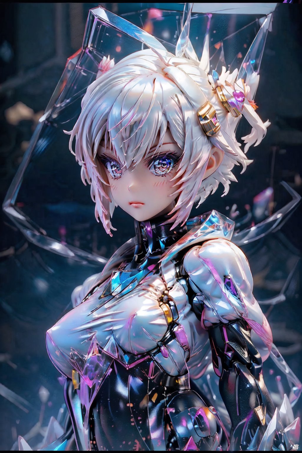 Dark aesthetic,  (tiny cute translucent polycarbonate sci-fi robots), polycarbonate plastic frame, stunning unreal engine render, intricate details,( robot girl), Oil Painting