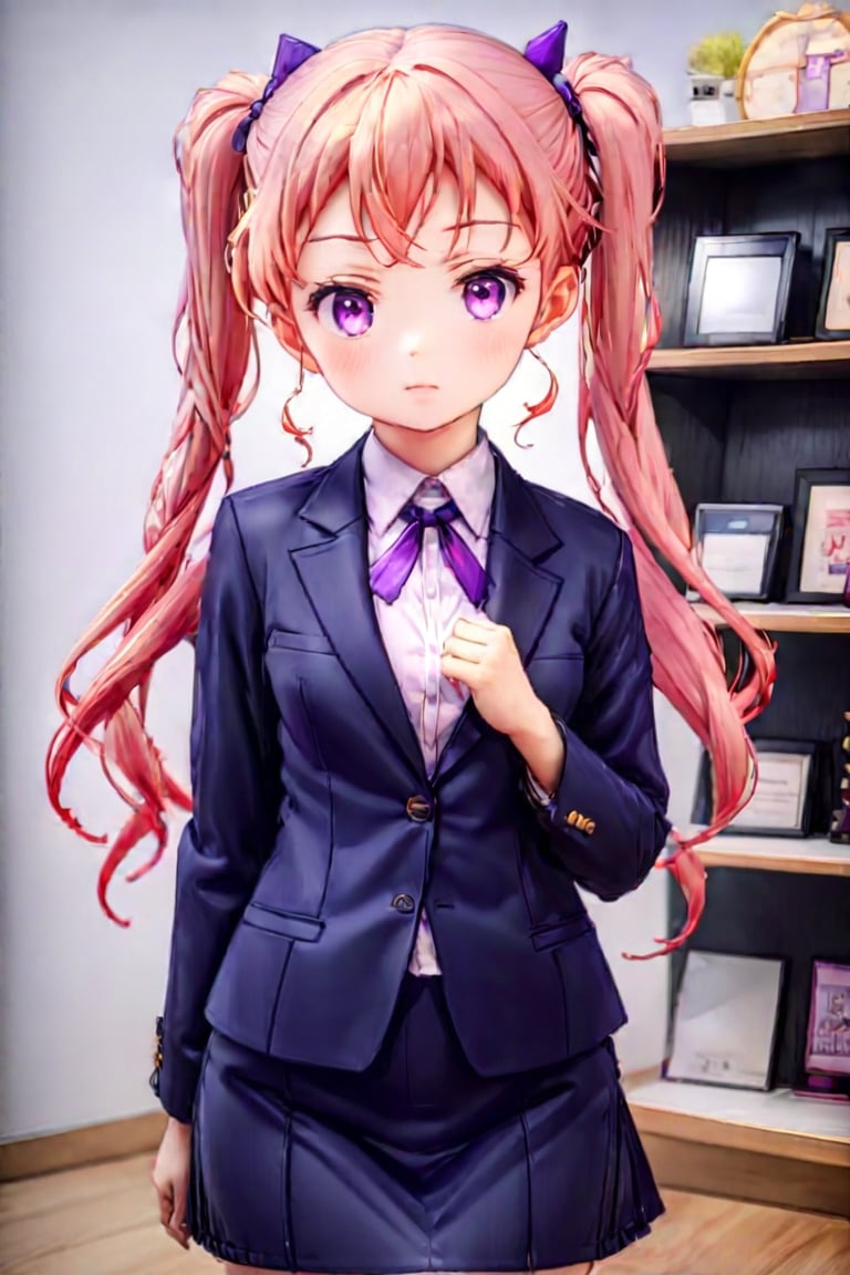 suzukazek aoba, 1girl, long hair, twintails, purple hiar, purple eyes, hair ornament, looking at viewer, blush, V-sharped eyebrows, :o, formal, dark blue jaket suit, dark blue skirt suit , neck ribbon, standing, standing straight, make clenched hands in front of own slightly below the throat, in the collection room, display shelves, fancy items, home game consoles, game pads, puzzles, toys, fancy toys, stuffed toys, anime character figures, shot from front , cowboy shot, suzukaze aoba,3D,PVC,Ink art style