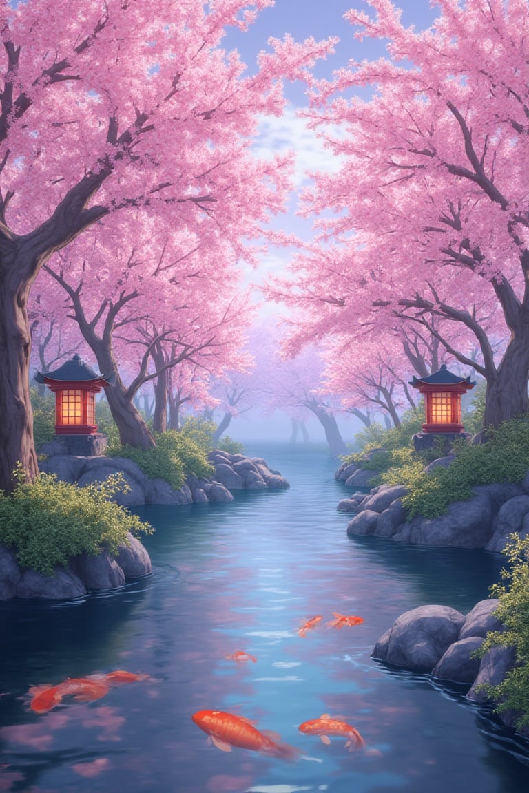 ((T_shirt)),Design(Masterpiece, professional, award-winning, intricate details, ultra high detailed, 64k, dramatic light, volumetric light, A picturesque, clipart-like Japanese cherry blossom garden, with delicate pink blossoms adorning the trees, a tranquil pond with koi fish, and traditional stone lanterns illuminating the path:2, spring serenity, cherry blossom magic, Zen tranquility, Japanese elegance, floral beauty.,ek_art_b00ster,anime,illustrated,FluxBoost),full length shirt