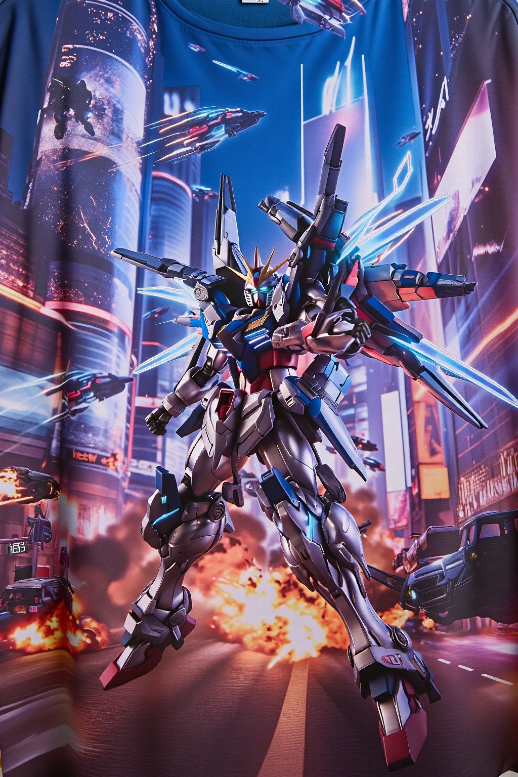 design(A dynamic close-up shot of a gundam warrior in action, his metallic body glistening under neon lights, clashing with enemies on the busy streets of a futuristic city. Exploding vehicles and fire create a chaotic scene. The backdrop features towering skyscrapers with holographic advertisements and flying vehicles whizzing by. The warrior's pose is aggressive, with his glowing energy weapon activated and wings of light emanating from the backpack on his back. The scene is lit with a combination of artificial and natural lighting, creating dramatic shadows.,a 3D rendering of a figurine ,T-shirt), looking from a distance