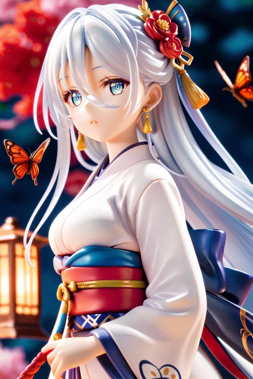 1girl, solo, long hair, looking at viewer, bangs, blue eyes, hair ornament, long sleeves, holding, hair between eyes, jewelry, flower, white hair, earrings, parted lips, japanese clothes, wide sleeves, kimono, sash, obi, bug, red flower, butterfly, lantern, white kimono, score_9_up, score_8_up,score_7_up,3D,PVC Style