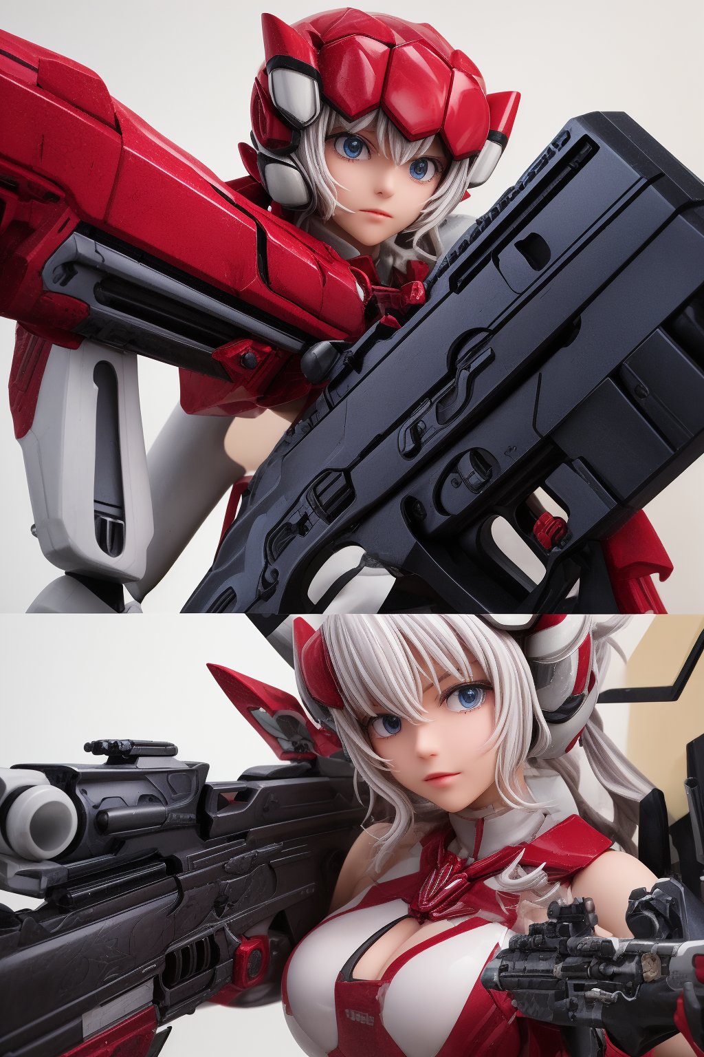 YukineChris,mechskirt, holding 2guns(gattling guns), multiple explosions in the background, close_up on face, More Detail,mecha musume,porcelain_art,add detail