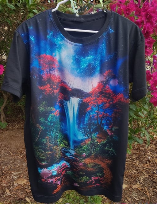 T_shirt,Design(magical planet where everything is vibrant and full of colors where bright trees and flowers)