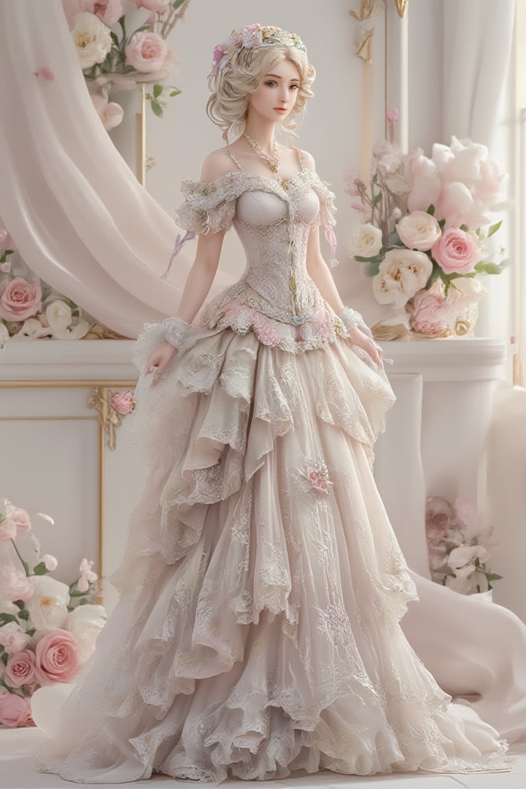 A most beautiful lady in rococo art style, with soft, flowing lines, delicate details, and pastel colors. She has an elegant, flowing gown adorned with intricate lace and floral patterns, a powdered wig with curls and ribbons, and a serene, graceful expression. The background features ornate, gilded frames, soft lighting, and a sense of opulence and refinement.,resin,a 3D rendering of a figurine 