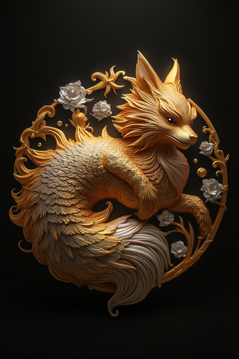 Iconic logo, chinese logo, nine-tailed fox, majestic aura, golden and silver, elegant, priceless, highly detailed, HD, 16K, traditional art style