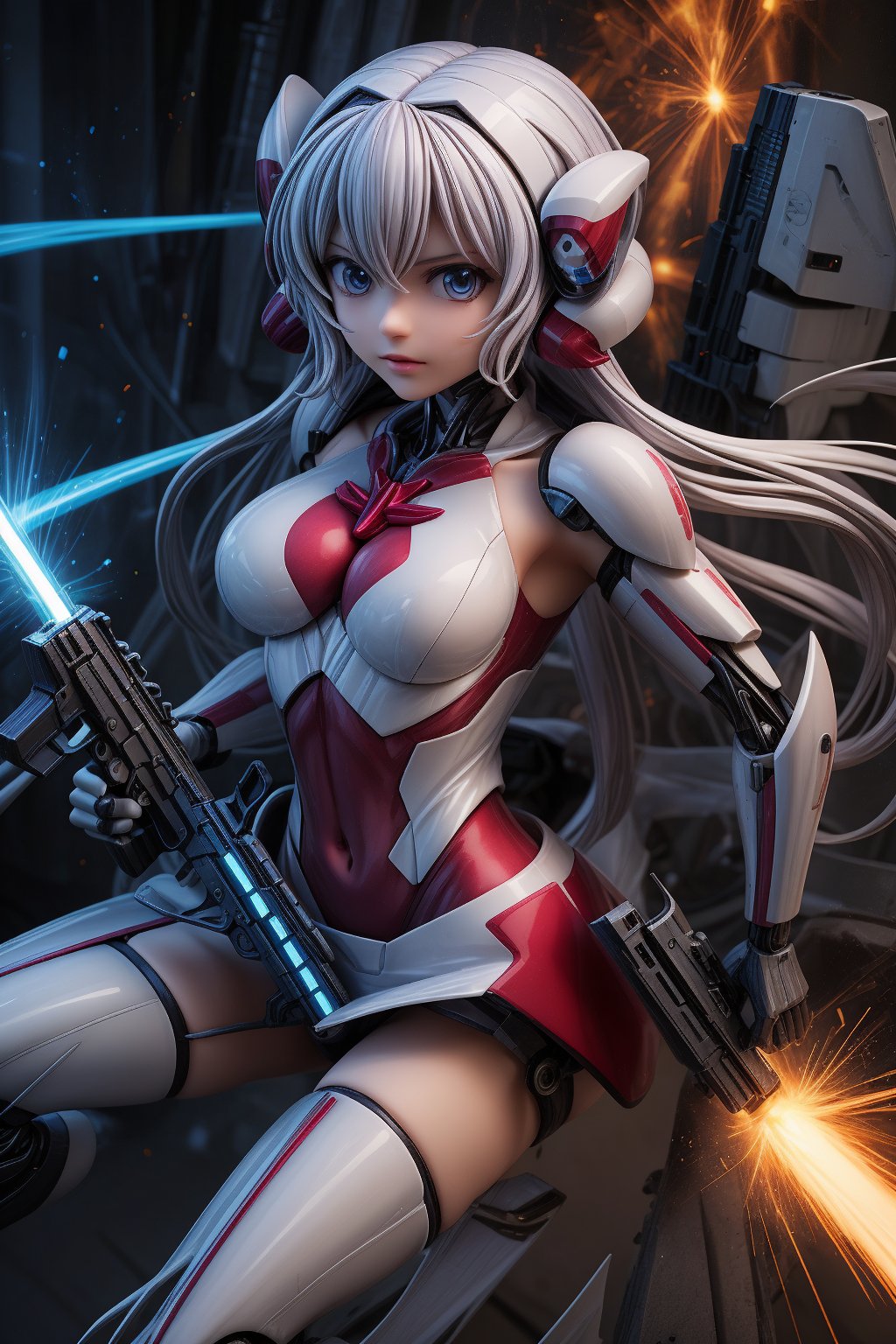 YukineChris,mechskirt, holding 2guns(gattling guns), multiple explosions in the background, close_up on face, More Detail,mecha musume,porcelain_art,add detail, Energy light particle mecha