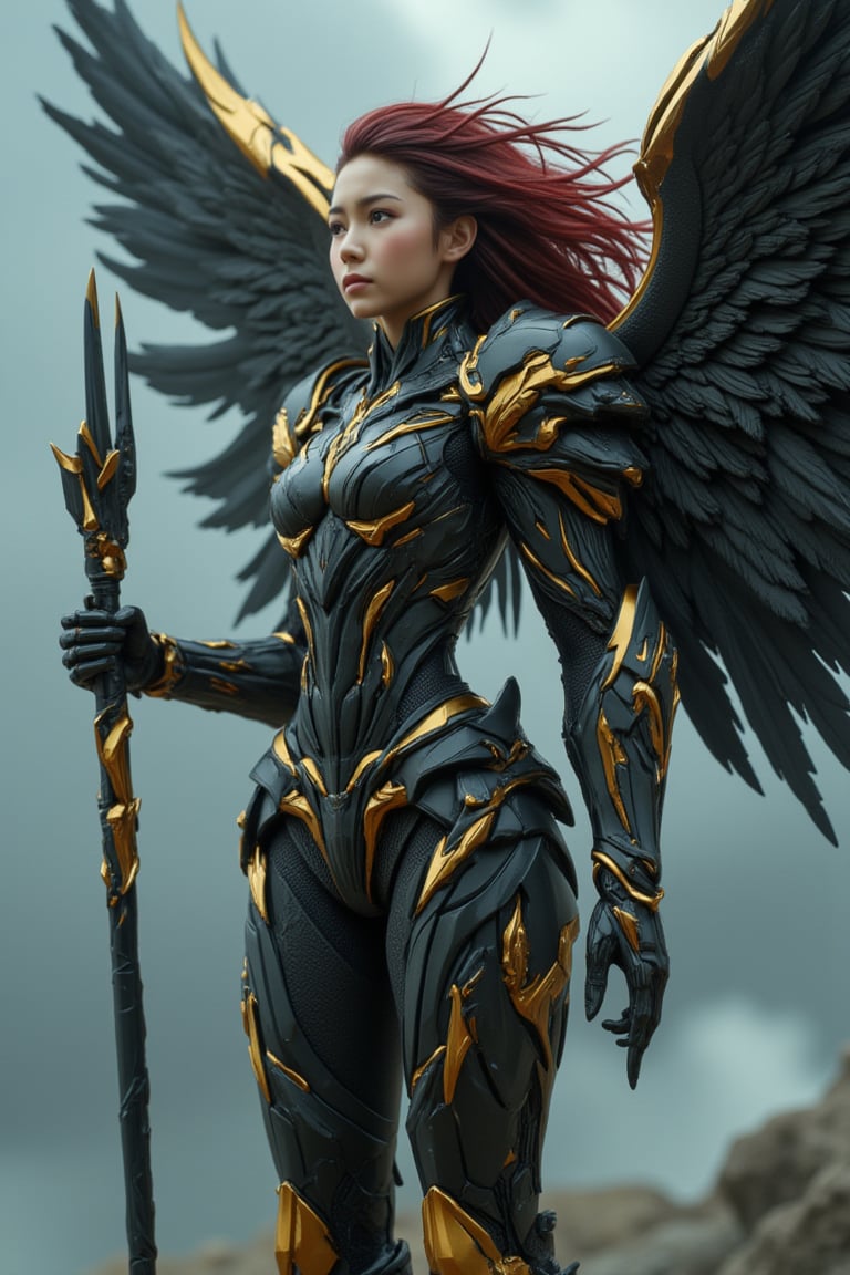 full_body, a young beautiful girl wear a VALKYRIE archangel armored suit, standing cofidently on top of mountain cliff, her (((large, intricately high-tech mecha feathered metal wings))) spread wide as if shielding the viewer from the turbulent weather. The archangel's armor glints with an oil-painted sheen, its intricate details and folds expertly rendered in shades of metallic black carbon fibre and gold steel. (((holding a huge black and gold intricate magic wand))). Her piercing gaze, dark red hair, seems to defy the raging storm, as if calling forth a mighty reckoning.hyperrealism, realistic portrait, photography, true color, subtle lighting, cinematography, Canon EOS R5, RF 85mm, ISO 300, vibrant color, more real realistic, volumetric clear intricate hyper details, volumetric clear texture, clear HD background, ultra HD realistic resolution, realistic shadow, epic fantasy character art, movie still, dramatic shadow, analogue diffusion style, CGSociety, Unreal Engine, Blender rendering, game cinematic, no smoke, mist, or fog, remove blur and noise, Angelic Knight,a 3D rendering of a figurine 