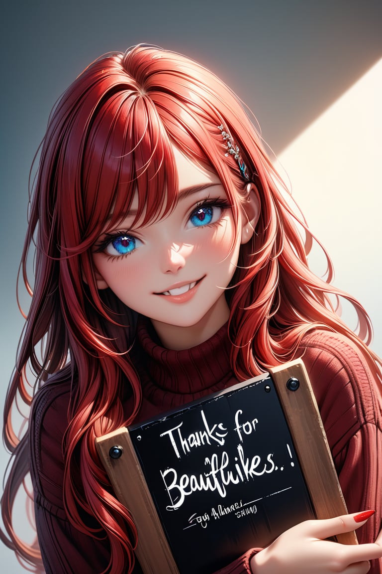 Very beautiful girl holding a board with text "Thanks for 1K likes!" text, illustration, detailed, realistic, UHD, beautiful detailed eyes, beautiful detailed, Warmly smile.,Text,Ink art, long_hair,red_hair