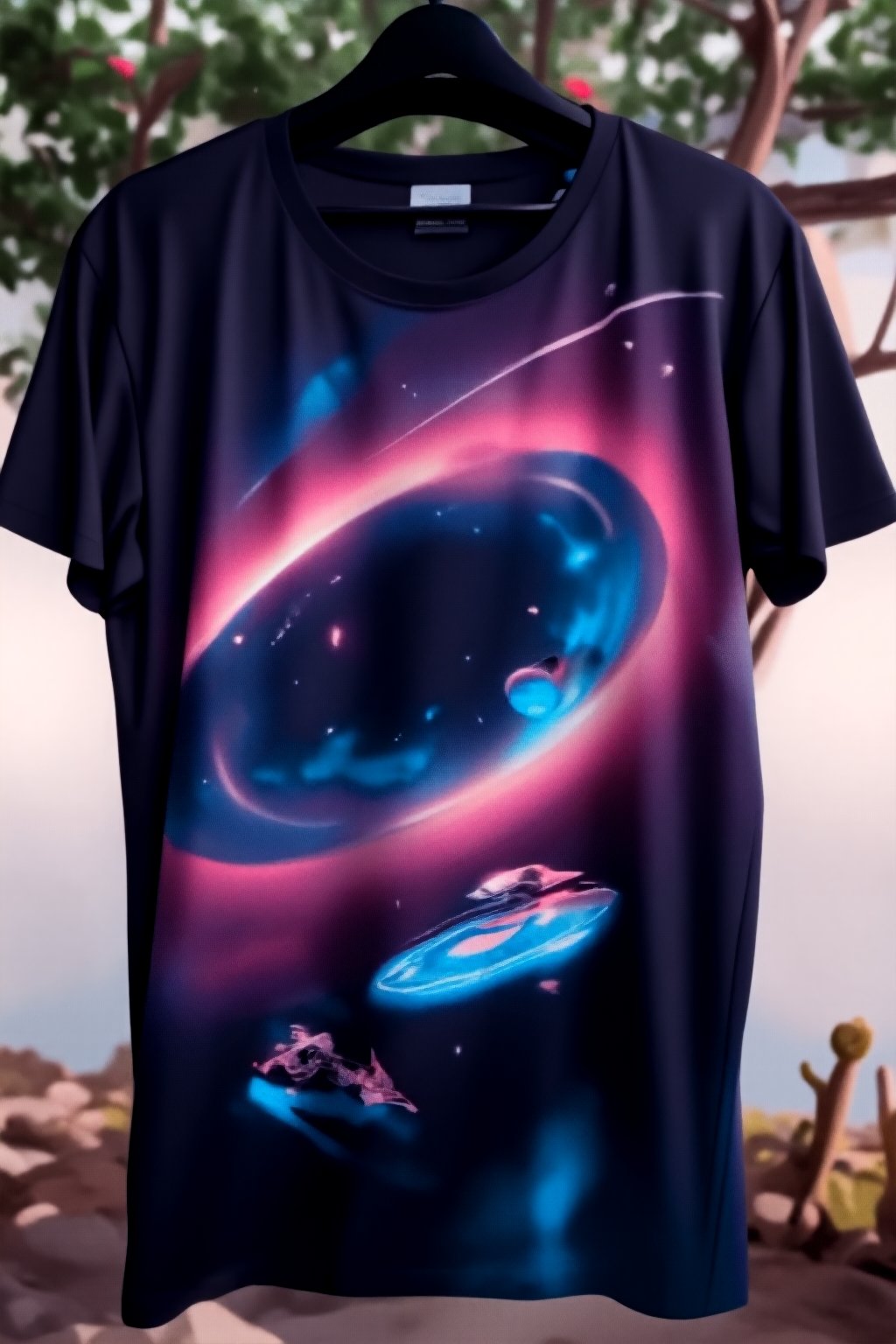 T_shirt,Design(A surreal fleet of UFO starships flying in a realistic black hole vortex, 8k resolution, crisp focus, RTX.)