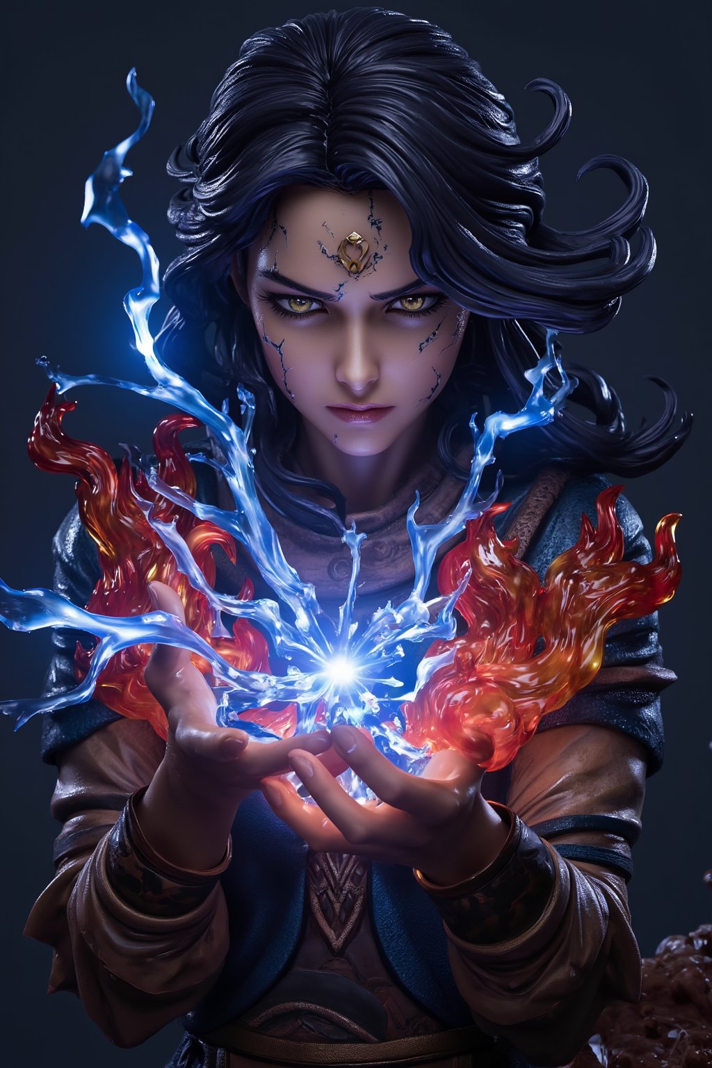 A sorceress's hands crackle with electric blue sparks as she harnesses elemental forces in an ultra-realistic close-up. Whipping winds swirl around her, whipping hair into a frenzy. Fiery red flames dance on her fingertips, while earthy brown tones beneath hint at ancient magic. Water droplets glisten on her skin, reflecting the tempest's fury. In this 10x RF-boosted epic fantasy artwork, the sorceress's eyes gleam with intense concentration as she commands the elements to bend to her will.,resin,a 3D rendering of a figurine , full_body