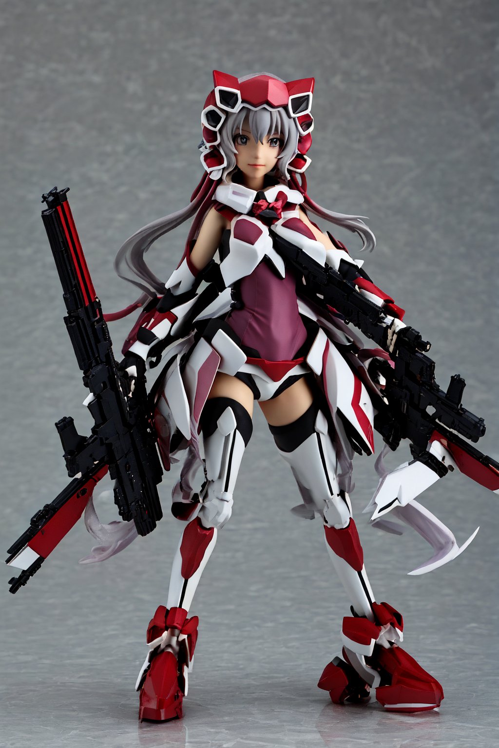 YukineChris,mechskirt, holding 2guns(gattling guns), multiple explosions in the background, close_up on face, More Detail,mecha musume,