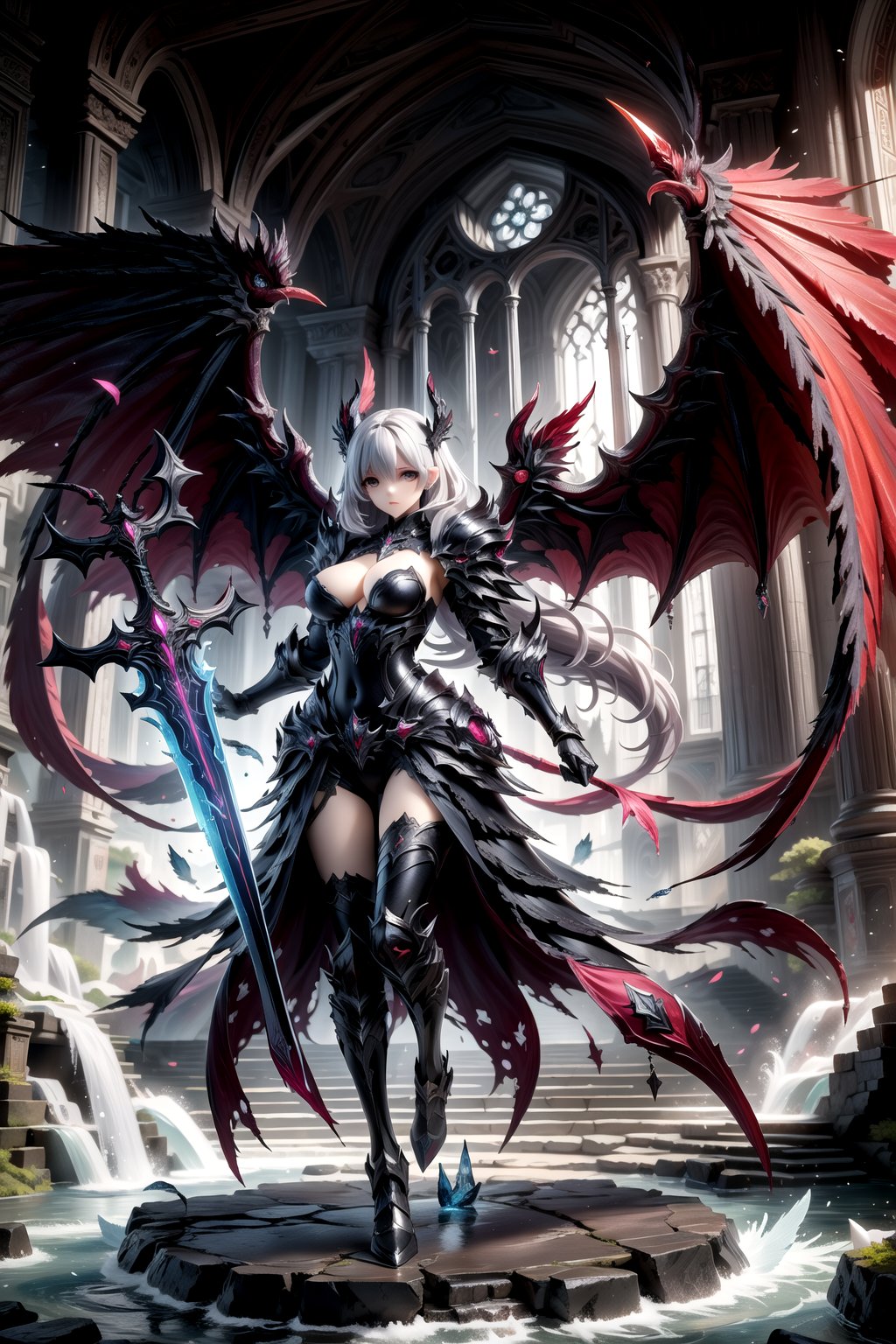 Demon fantasy general,a demon girl with red armour,long hair,tsurime, low wings, head wings, multiple wings,4wings, holding glowing fire red sword, glowing red runes, magic circle, demonic, lighting, glow swirling light, gem, black gemstone, with a dynamic and magical background, masterpiece, best quality, magnificent, celestial demon, ethereal, painterly, epic, majestic, magical, fantasy art, cover art, dreamy, Multi-Layered Textures, HDR, High Dynamic Range, Maximum Clarity And Sharpness, Multi-Layered Textures, 