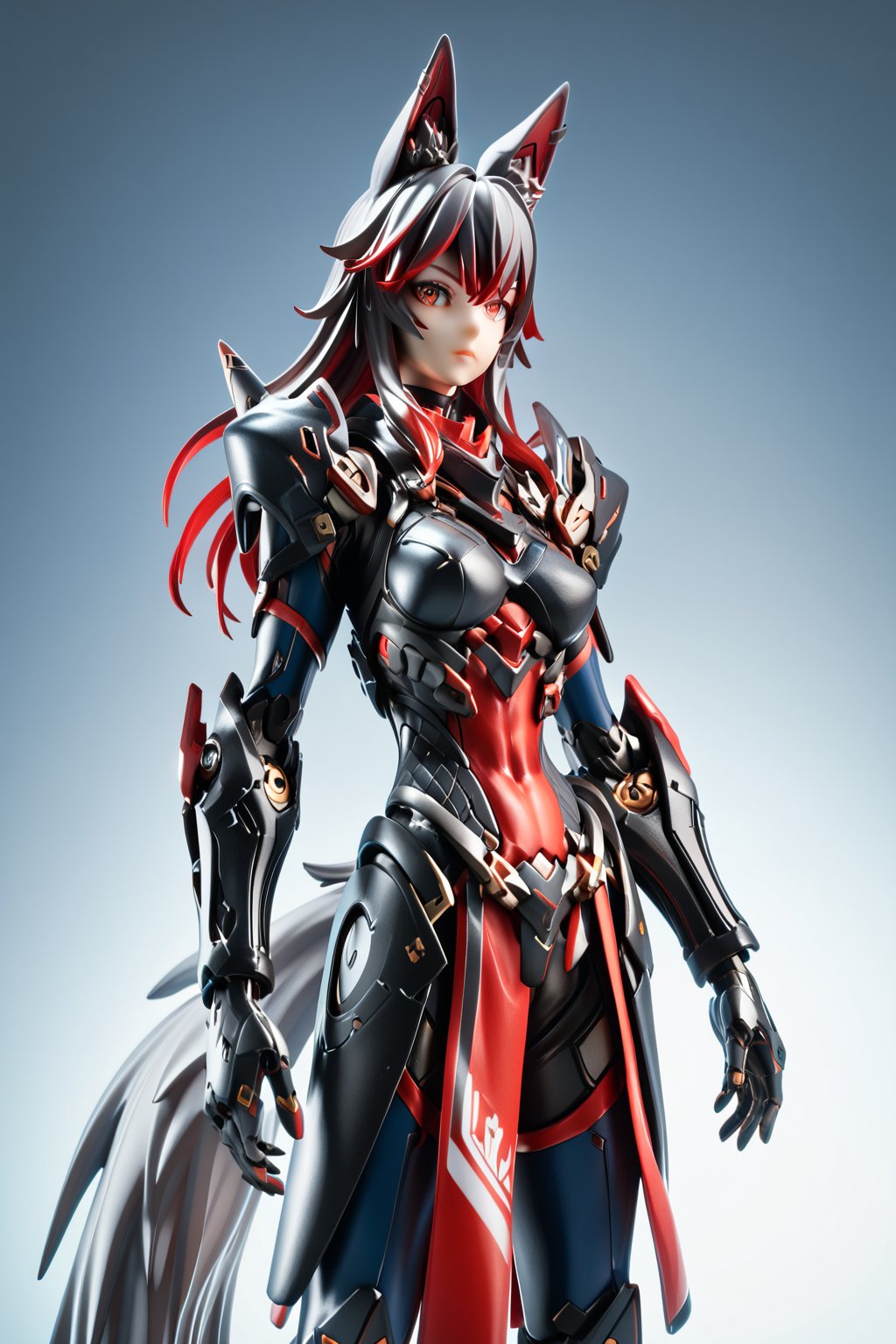 8k, masterpiece, solo, robotic body, wolf, red highlights, red eyes, wolf ears, snout, wolf tail, black sci-fi armor, fullbody, score_9_up, score_8_up,score_7_up,3D,PVC Style