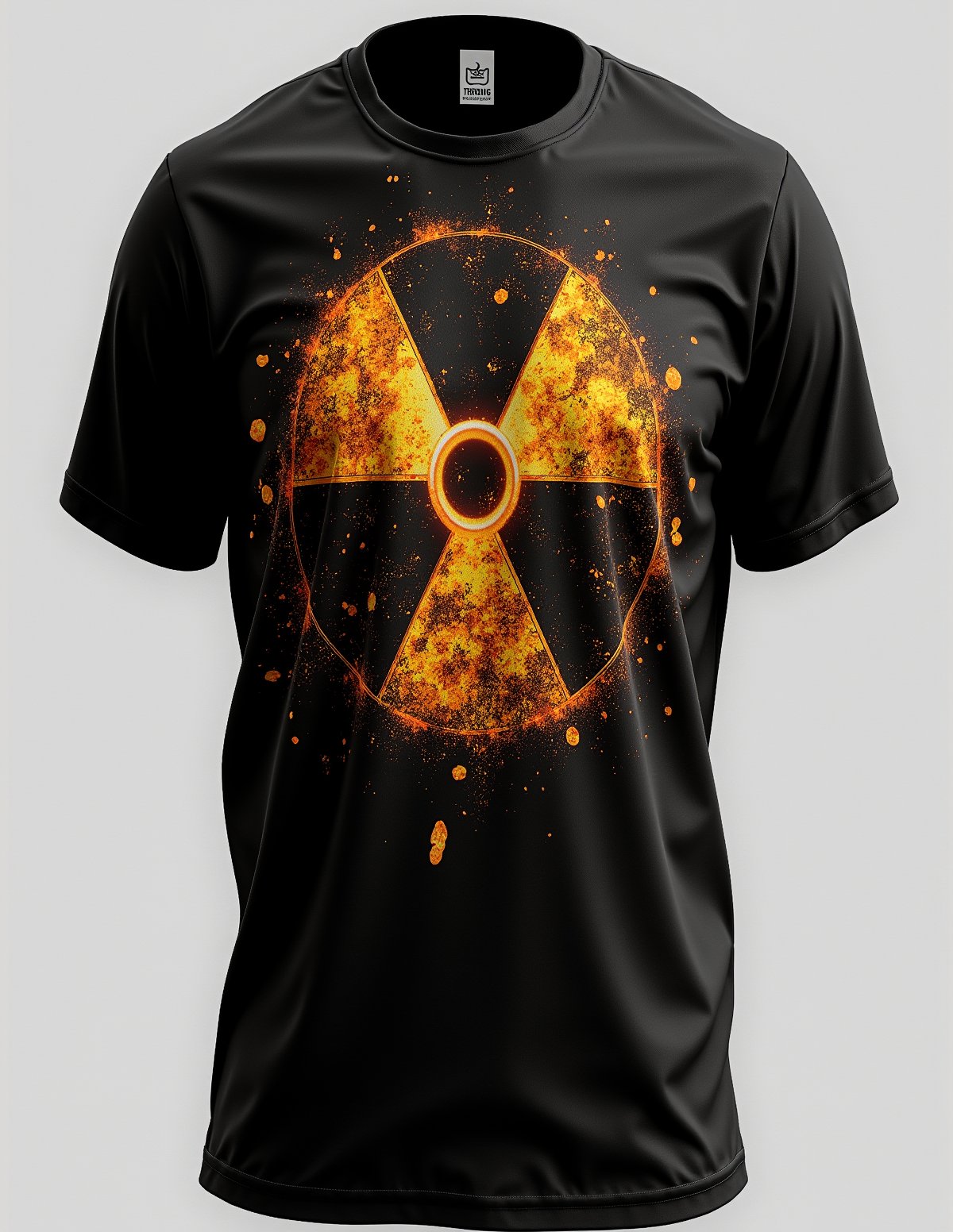 T_shirt,Design((best quality, masterpiece, ultra detailed, 8K, RAW photo), The word "Radiation" written in a beautiful gothic style with golden glowing calligraphy ink over a background of radioactive waste),full length shirt