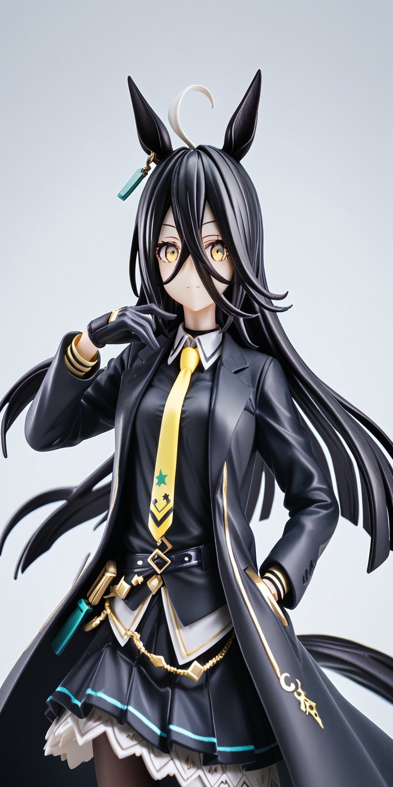 betabeet, ciloranko, rurudo, solo, dark vibe, best quality, 1girl, horse girl, horseears, solo,very long black hair, long bangs,gloves, illustration, gorgerous, delicated eyes, best quality, masterpeice, delicate face, detailed yellow eyes, source_anime,  jima, look at viewer, skirt, shirt, black hair, gloves, long sleeves, white background, animal ears, hair between eyes, jewelry, closed mouth, jacket, tail, yellow eyes, ahoge, pantyhose, earrings, necktie, black gloves, black skirt, coat, black pantyhose,  horse ears, horse girl, horse tail, single earring, black coat, yellow necktie, manhattan cafe \(umamusume\),MANHATTAN CAFE (UMAMUSUME),score_9,PVC Style,score_8_up,score_7_up,3D