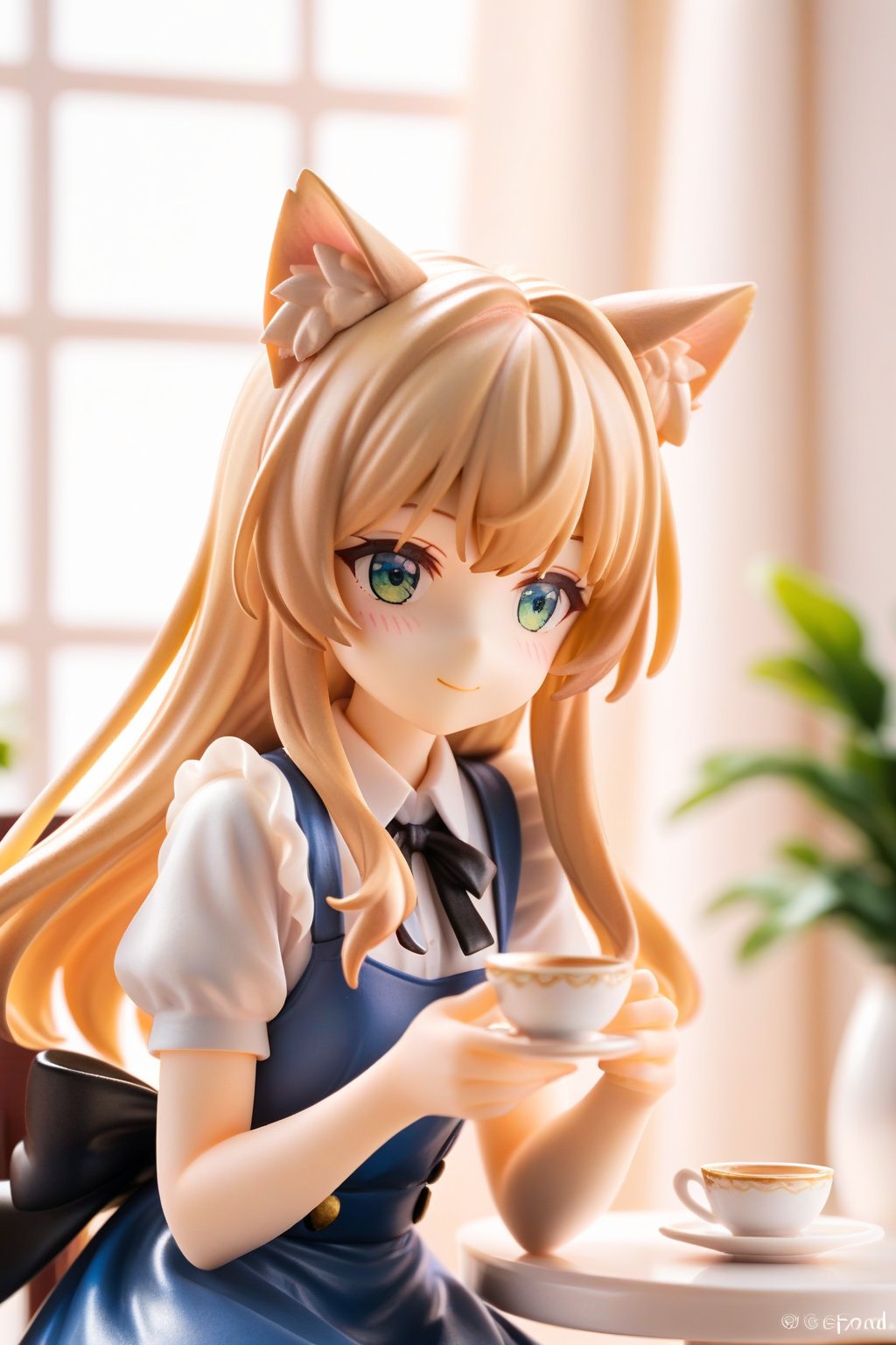 A young blonde girl with long hair and bangs sits comfortably on a chair, wearing a white collared shirt with puffy short sleeves and a black bow tied around her neck. Her face is aglow with a gentle blush and a warm smile, as she holds a teacup and saucer in her hands. Her eyes are closed, and extra cat ears sprout from the top of her head, complete with fluffy ear fluff. A black ribbon wraps around her hair, tied in a neat bow at the back. She appears to be lost in thought, surrounded by the cozy atmosphere of an indoor setting with a window in the background, fine art parody, Oil painting style., score_9_up, score_8_up,score_7_up,3D,PVC Style,beautiful_female_fingers,perfect hands,detailed hands,beautiful hands