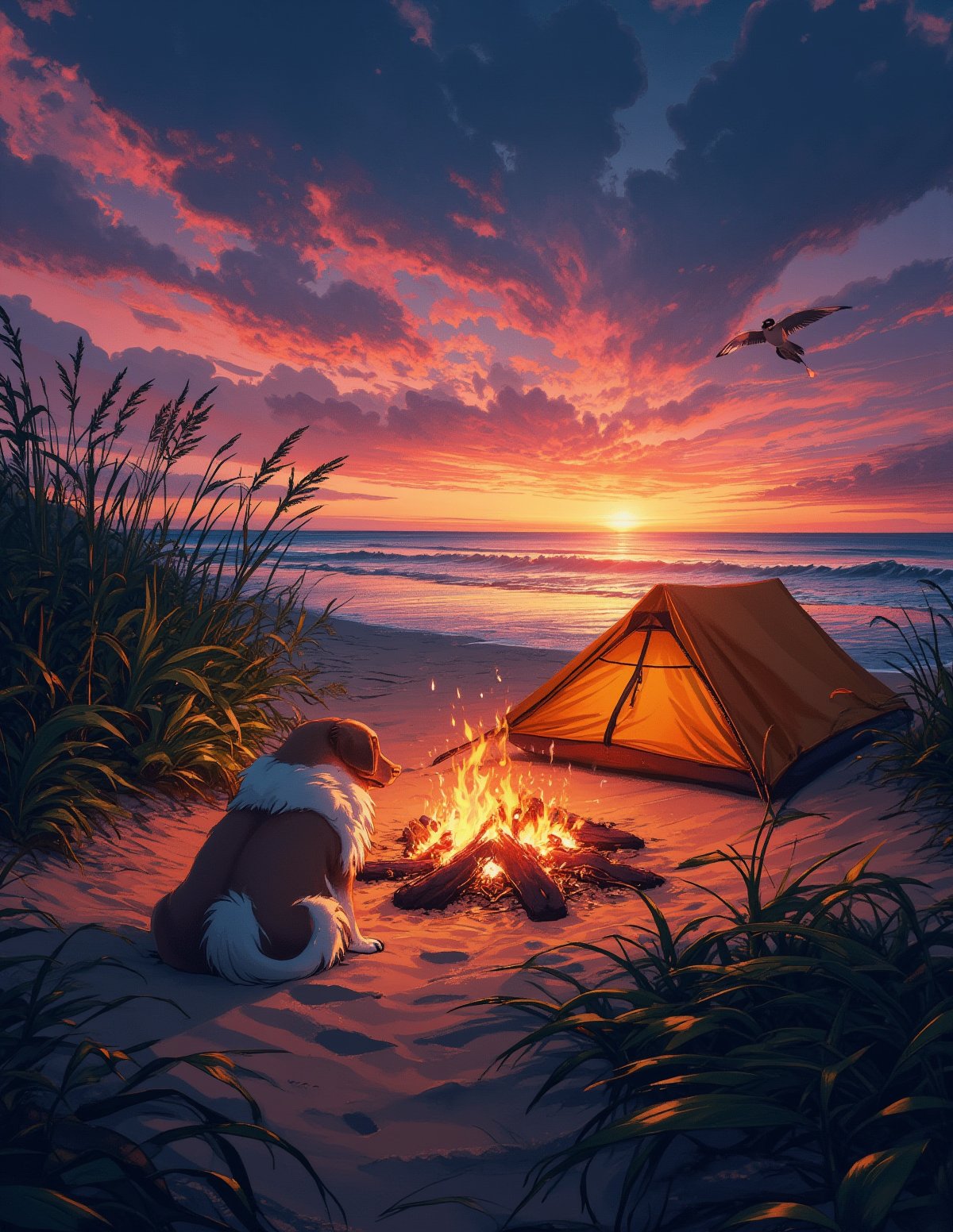 T_shirt,Design(A breathtaking 4K  wallpaper unfolds: Tourist tent, pretty dog, nestles beside a crackling campfire on a tranquil beach at sunset. Warm flames dance across the smooth sand as the sky transforms into a kaleidoscope of orange, pink, and purple hues. Gentle waves caress the shoreline, mirroring the vibrant colors above. Tall grasses whisper in the evening breeze, their gentle sway harmonizing with the lapping surf. Seabirds glide effortlessly across the sky, adding to the serene atmosphere. The only sounds are the campfire's crackle and the soothing melody of the waves. A sense of quiet reflection and timeless beauty permeates the scene, inviting viewers to weave their own stories around this nostalgic moment.),full length shirt