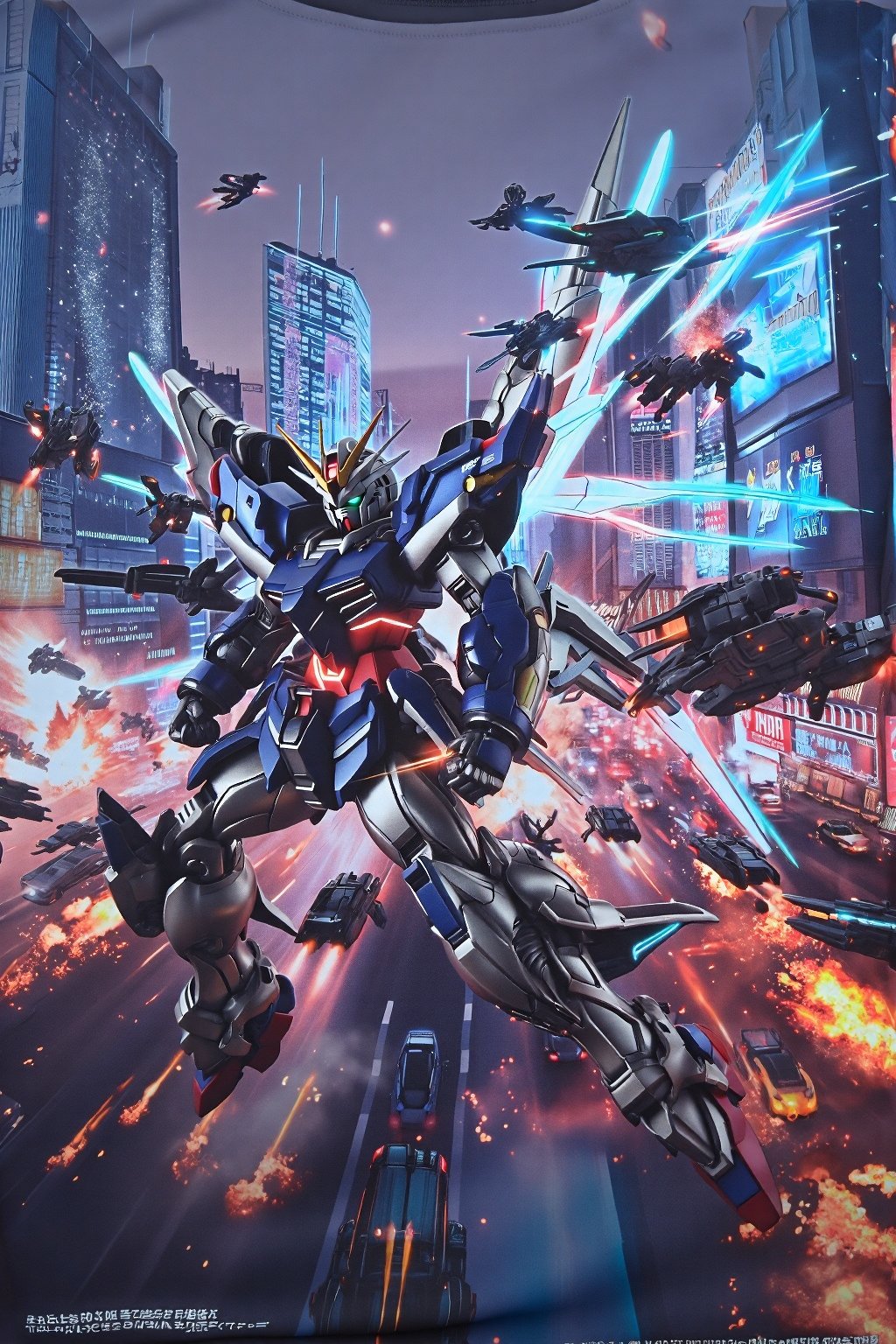 design(A dynamic close-up shot of a gundam warrior in action, his metallic body glistening under neon lights, clashing with enemies on the busy streets of a futuristic city. Exploding vehicles and fire create a chaotic scene. The backdrop features towering skyscrapers with holographic advertisements and flying vehicles whizzing by. The warrior's pose is aggressive, with his glowing energy weapon activated and wings of light emanating from the backpack on his back. The scene is lit with a combination of artificial and natural lighting, creating dramatic shadows.,a 3D rendering of a figurine ,T-shirt), looking from a distance