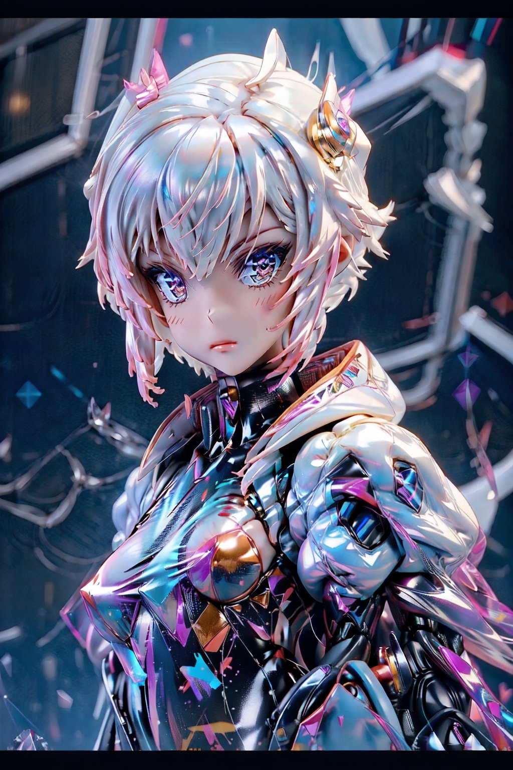 Dark aesthetic,  (tiny cute translucent polycarbonate sci-fi robots), polycarbonate plastic frame, stunning unreal engine render, intricate details,( robot girl), Oil Painting