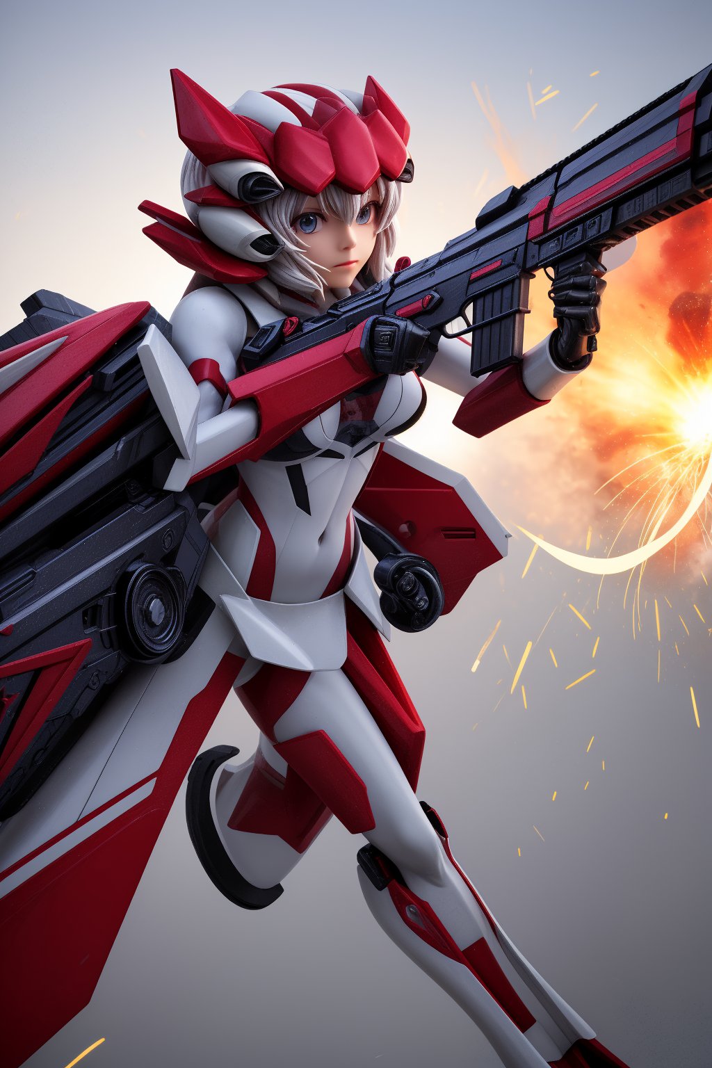 YukineChris,mechskirt, holding 2guns(gattling guns), multiple explosions in the background, close_up on face, More Detail,mecha musume,porcelain_art,add detail, Energy light particle mecha, score_9_up, score_8_up,score_7_up,3D