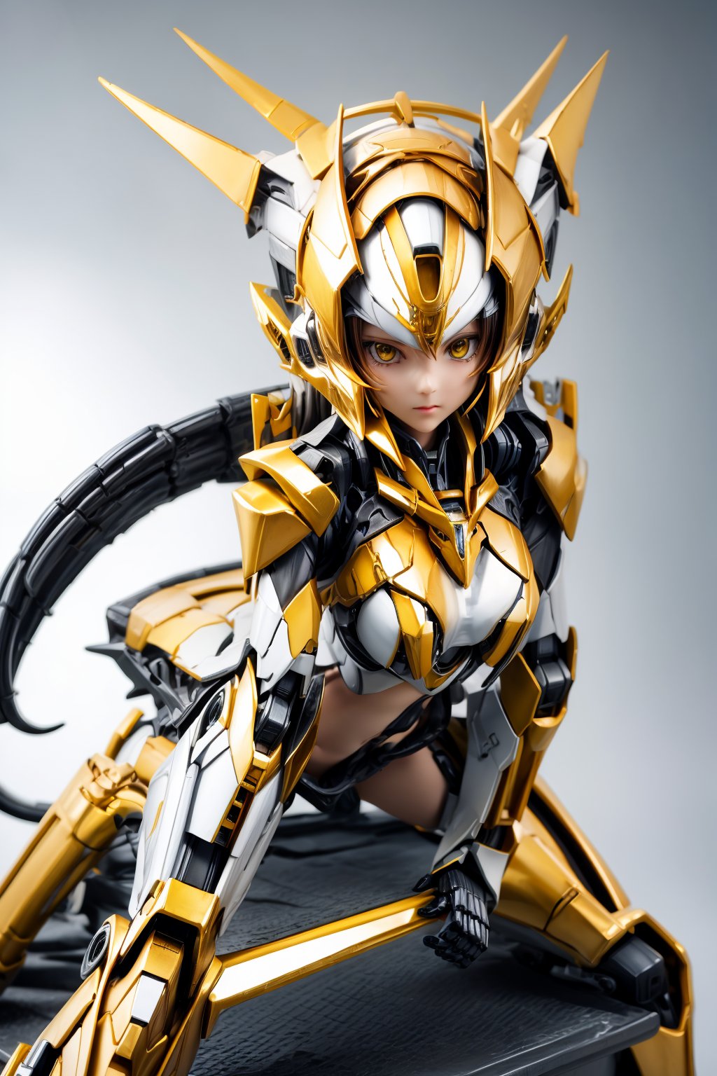 mechskirt(yellow armor),(kung_fu dojo background), full-body_portrait, More Detail,porcelain_art,add detail,mecha,score_9_up,score_8_up,score_7_up,3D,thflex,kung fu, hair ornament,short hair,hibiki tachibana, navel,bodysuit,Golden Warrior Mecha