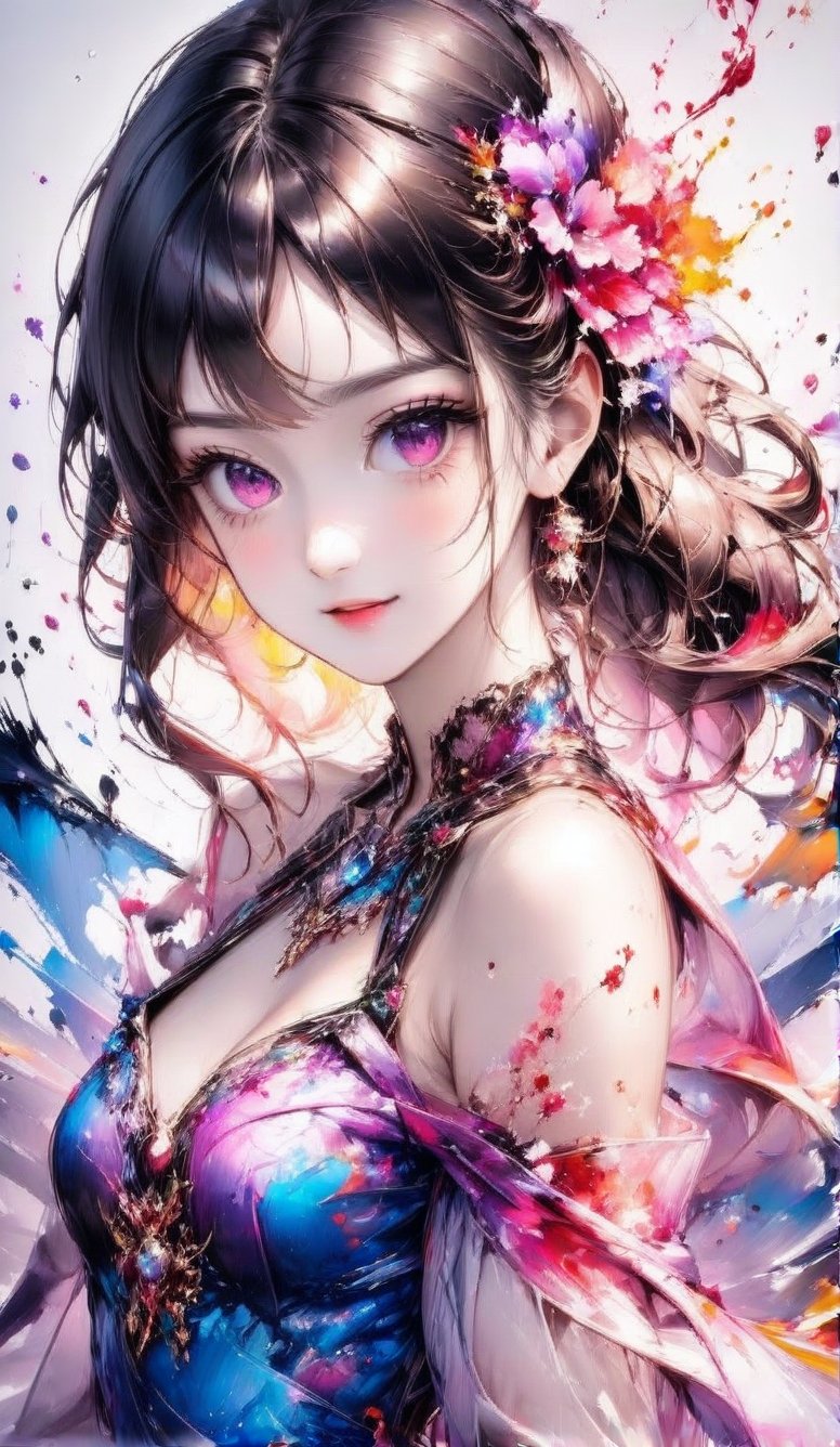 A very beautiful anime girl dressing a elegant dress, her dress is made by ink, looking at viewer, radiant gaze, (front view), upper body, close up, ink brushstrokes in background mastepiece quality, stunning image, colorful, Ink art style.,3D,PVC,vibrant_colors,high_resolution