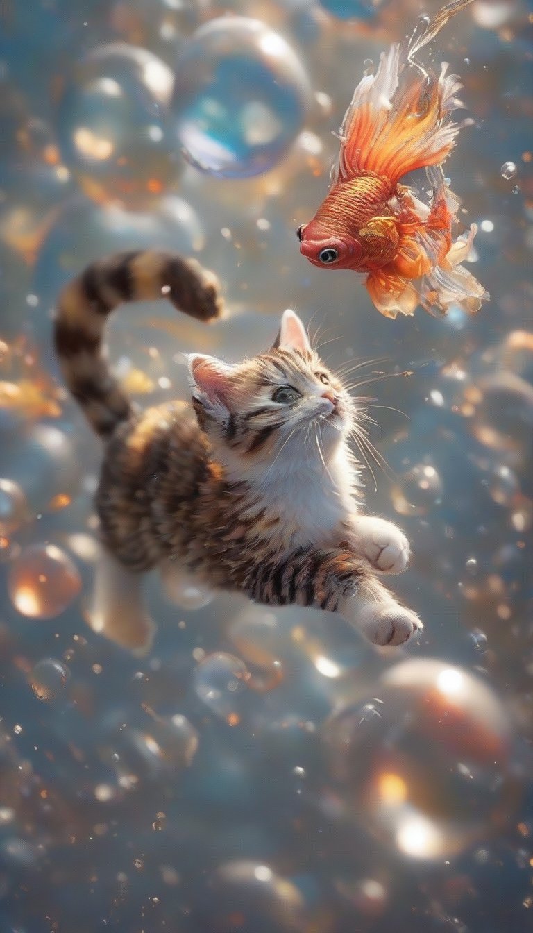 (A cute cat chasing a goldfish on a fluffy soap bubble, fluffy glitter, twirling star streams, effective lighting from a distance), RAW photo, Unreal Engine, Octane Rendering, Ultra High Quality, Ultra High Resolution, Surreal, Color Correct, Good Lighting Settings, Good Composition, Very Low Noise, Sharp Edges, Harmonious Composition, Ultra Precision, Masterpiece,acryli painting,3D,PVC,Ink art style