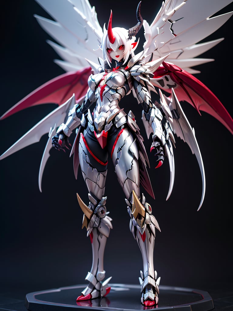 solo, red eyes, 1boy, male focus, wings, horns, teeth, armor, glowing, sharp teeth, black background, glowing eyes, claws, monster,masterpiece,best quality,mecha musume,PVC style,3D