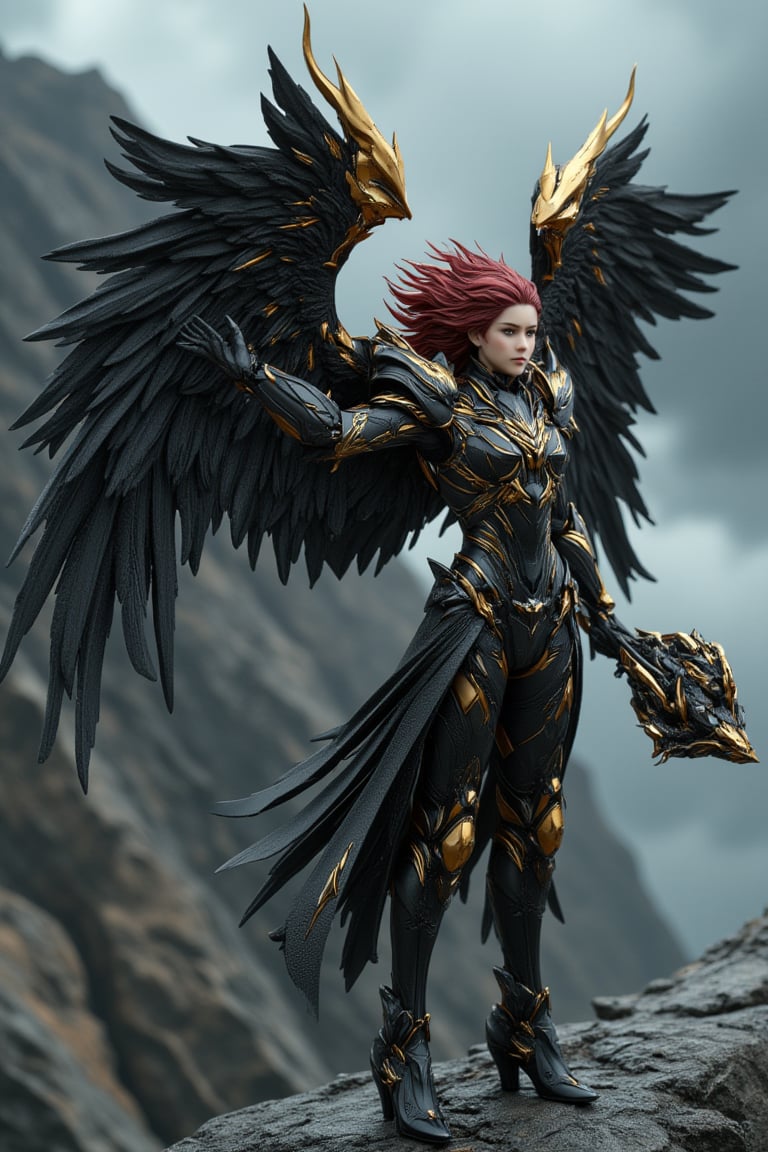 full_body, a young beautiful girl wear a VALKYRIE archangel armored suit, standing cofidently on top of mountain cliff, her (((large, intricately high-tech mecha feathered metal wings))) spread wide as if shielding the viewer from the turbulent weather. The archangel's armor glints with an oil-painted sheen, its intricate details and folds expertly rendered in shades of metallic black carbon fibre and gold steel. (((holding a huge black and gold intricate magic wand))). Her piercing gaze, dark red hair, seems to defy the raging storm, as if calling forth a mighty reckoning.hyperrealism, realistic portrait, photography, true color, subtle lighting, cinematography, Canon EOS R5, RF 85mm, ISO 300, vibrant color, more real realistic, volumetric clear intricate hyper details, volumetric clear texture, clear HD background, ultra HD realistic resolution, realistic shadow, epic fantasy character art, movie still, dramatic shadow, analogue diffusion style, CGSociety, Unreal Engine, Blender rendering, game cinematic, no smoke, mist, or fog, remove blur and noise, Angelic Knight,a 3D rendering of a figurine 