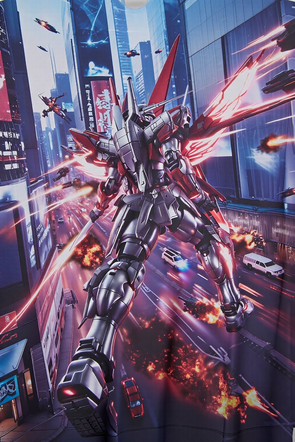 design(A dynamic close-up shot of a gundam warrior in action, his metallic body glistening under neon lights, clashing with enemies on the busy streets of a futuristic city. Exploding vehicles and fire create a chaotic scene. The backdrop features towering skyscrapers with holographic advertisements and flying vehicles whizzing by. The warrior's pose is aggressive, with his glowing energy weapon activated and wings of light emanating from the backpack on his back. The scene is lit with a combination of artificial and natural lighting, creating dramatic shadows.,a 3D rendering of a figurine ,T-shirt), from a distance