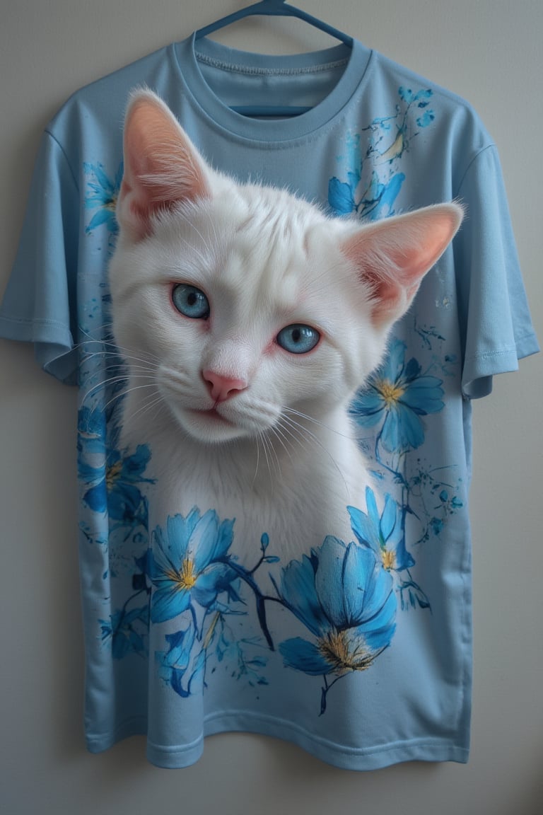 T_shirt,Design(White cat, blue glowing eyes, cute, masterpiece, blue flower)