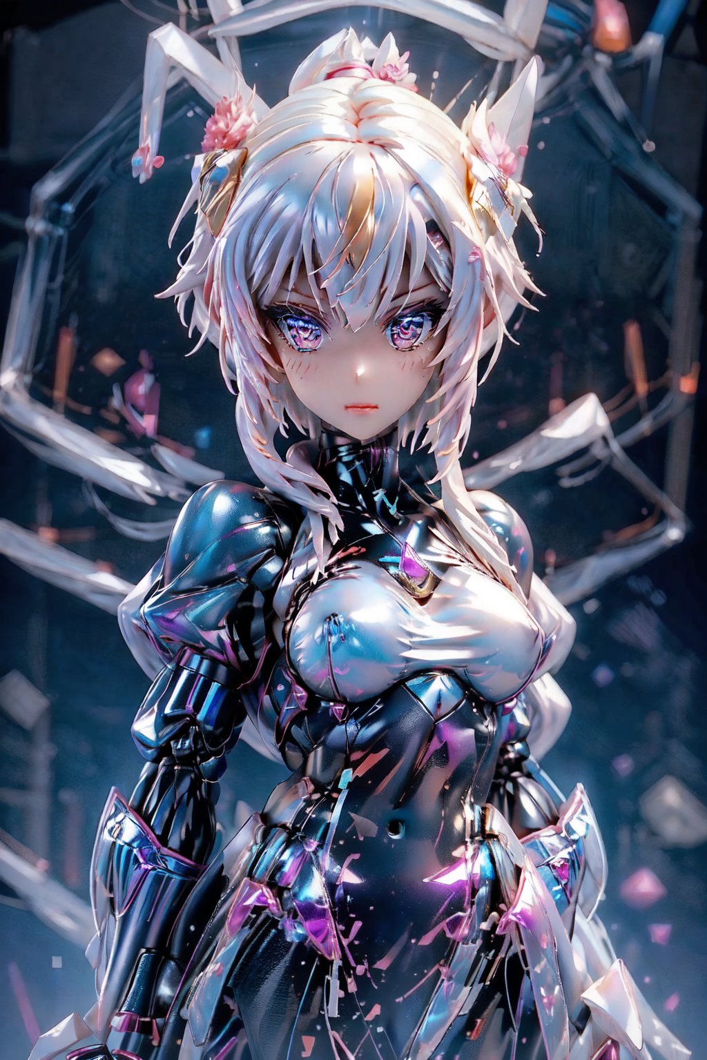 Dark aesthetic,  (tiny cute translucent polycarbonate sci-fi robots), polycarbonate plastic frame, stunning unreal engine render, intricate details,( robot girl), Oil Painting