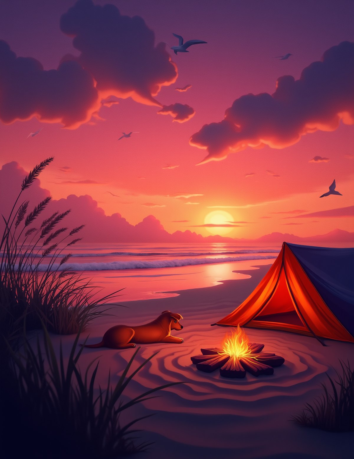 T_shirt,Design(A breathtaking 4K  wallpaper unfolds: Tourist tent, pretty dog, nestles beside a crackling campfire on a tranquil beach at sunset. Warm flames dance across the smooth sand as the sky transforms into a kaleidoscope of orange, pink, and purple hues. Gentle waves caress the shoreline, mirroring the vibrant colors above. Tall grasses whisper in the evening breeze, their gentle sway harmonizing with the lapping surf. Seabirds glide effortlessly across the sky, adding to the serene atmosphere. The only sounds are the campfire's crackle and the soothing melody of the waves. A sense of quiet reflection and timeless beauty permeates the scene, inviting viewers to weave their own stories around this nostalgic moment.),full length shirt