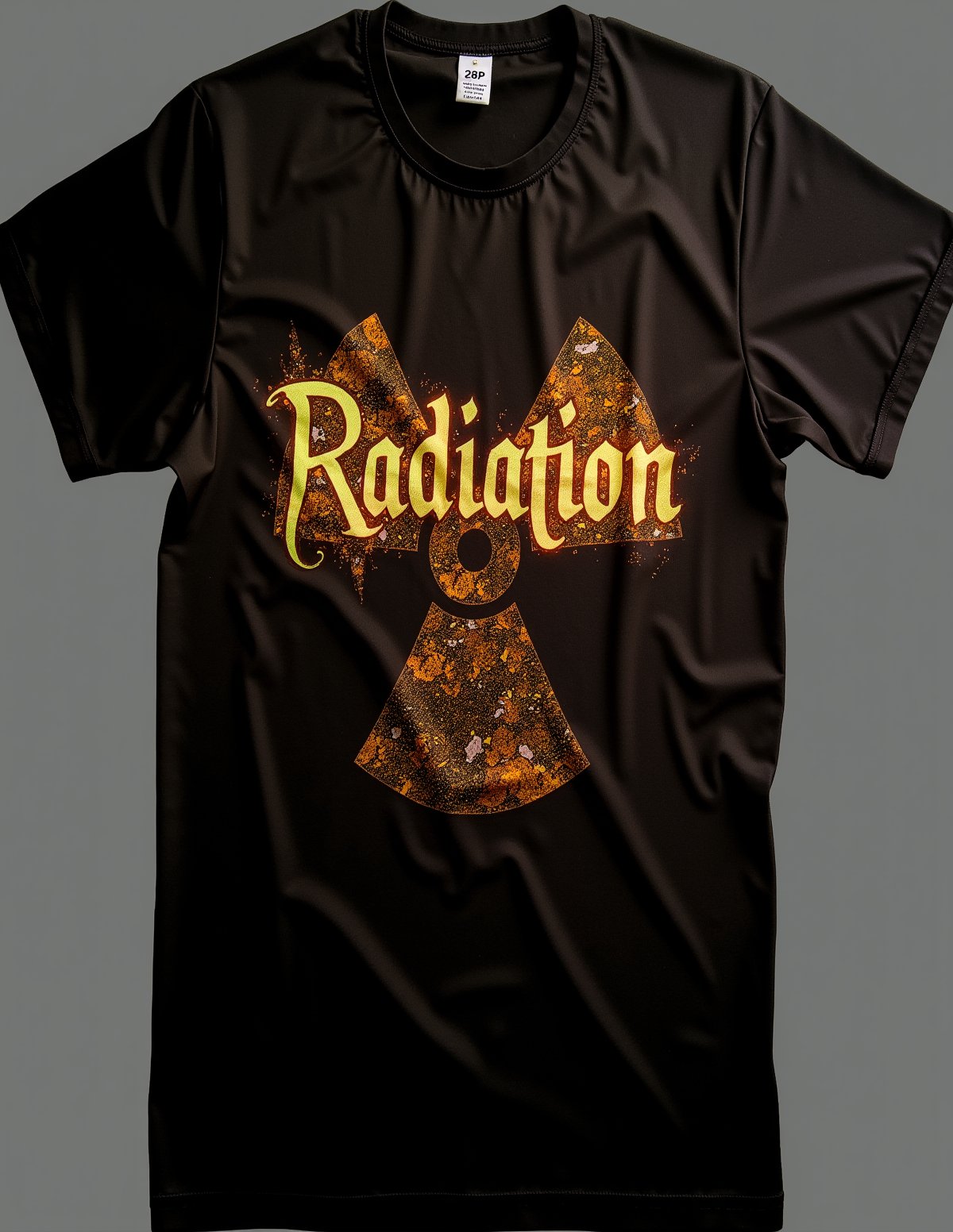 T_shirt,Design((best quality, masterpiece, ultra detailed, 8K, RAW photo), The word "Radiation" written in a beautiful gothic style with golden glowing calligraphy ink over a background of radioactive waste),full length shirt