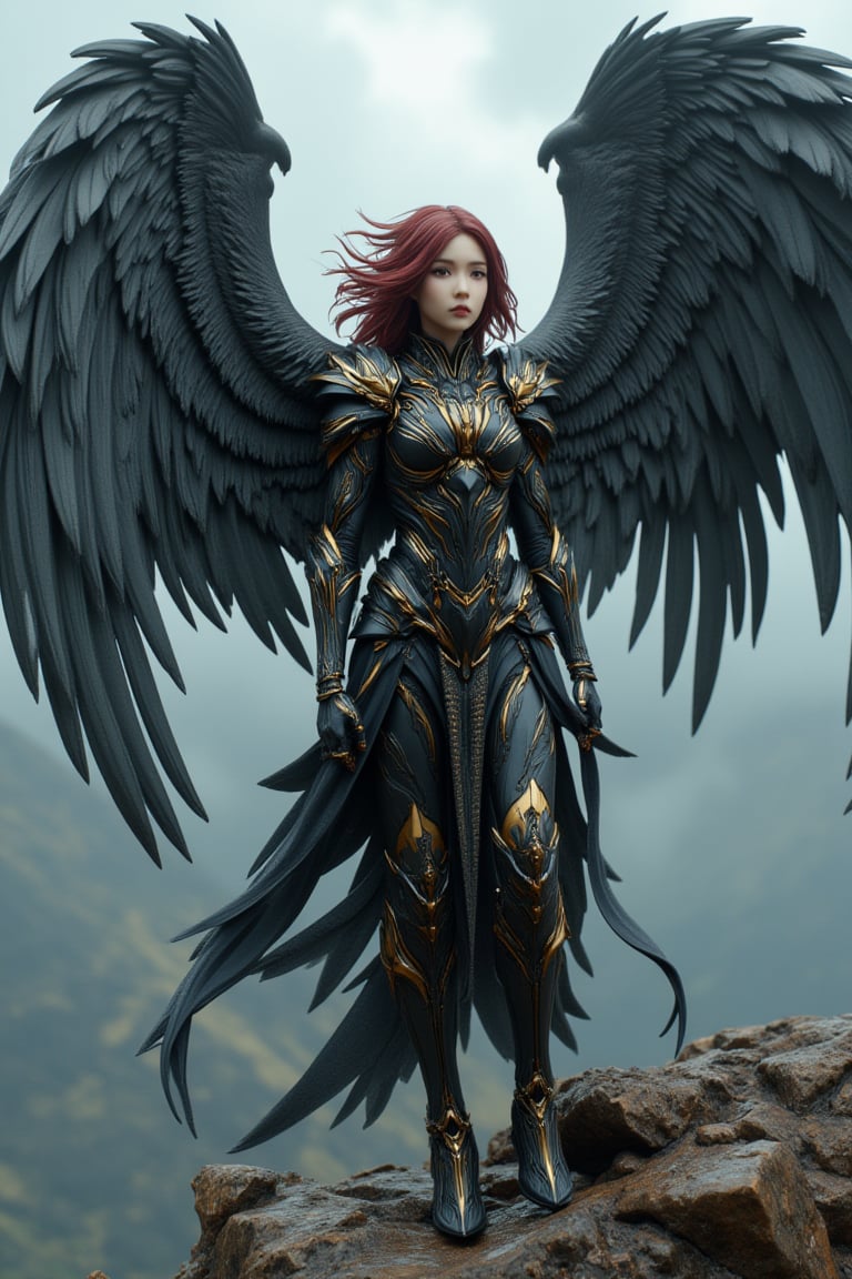 full_body, a young beautiful girl wear a VALKYRIE archangel armored suit, standing cofidently on top of mountain cliff, her (((large, intricately high-tech mecha feathered metal wings))) spread wide as if shielding the viewer from the turbulent weather. The archangel's armor glints with an oil-painted sheen, its intricate details and folds expertly rendered in shades of metallic black carbon fibre and gold steel. (((holding a huge black and gold intricate magic wand))). Her piercing gaze, dark red hair, seems to defy the raging storm, as if calling forth a mighty reckoning.hyperrealism, realistic portrait, photography, true color, subtle lighting, cinematography, Canon EOS R5, RF 85mm, ISO 300, vibrant color, more real realistic, volumetric clear intricate hyper details, volumetric clear texture, clear HD background, ultra HD realistic resolution, realistic shadow, epic fantasy character art, movie still, dramatic shadow, analogue diffusion style, CGSociety, Unreal Engine, Blender rendering, game cinematic, no smoke, mist, or fog, remove blur and noise, Angelic Knight,a 3D rendering of a figurine 