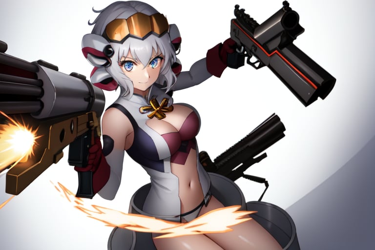 Close-up shot of YukineChris, her eyes locked intensely on the lens as she holds a futuristic-looking Gatling gun in each hand. The guns' rotating barrels spin rapidly, casting a metallic whirring sound against the darkened background. Her pose exudes confidence and authority, with one gun pointing directly at the camera while the other is cocked and ready to fire.